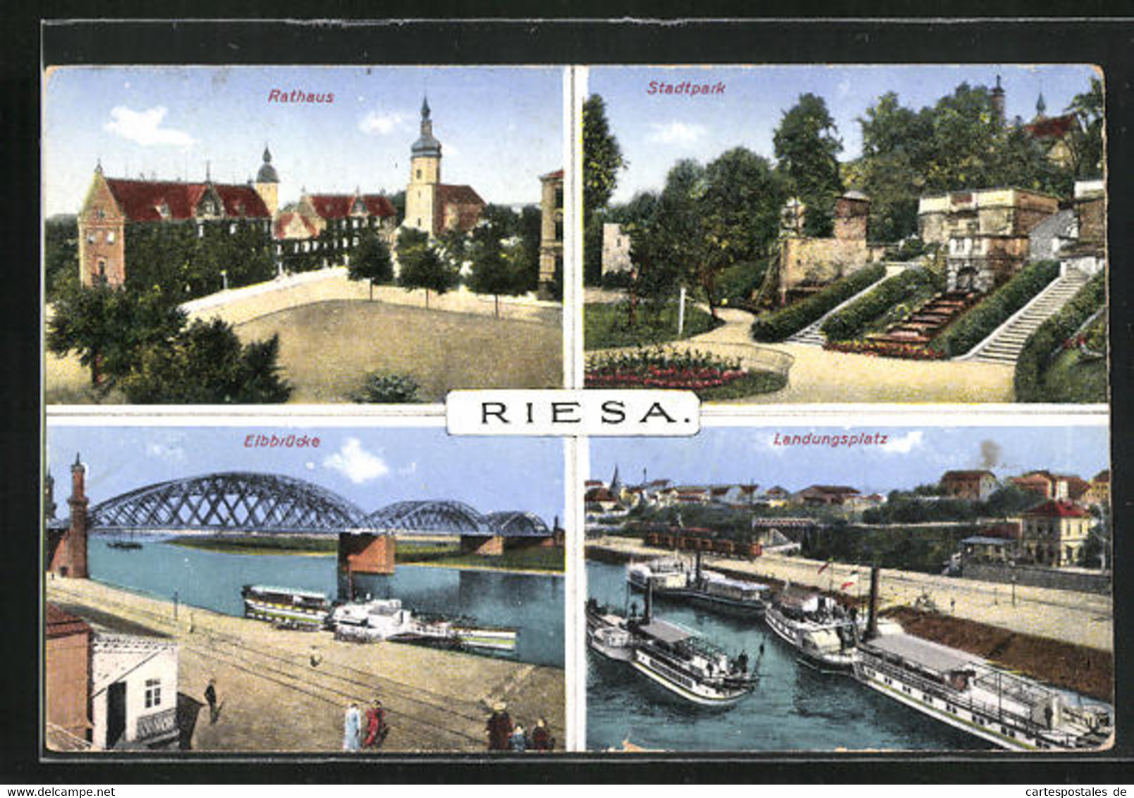 AK Riesa, Rathaus, Stadtpark, Elbbrücke & Landungsplatz - Riesa