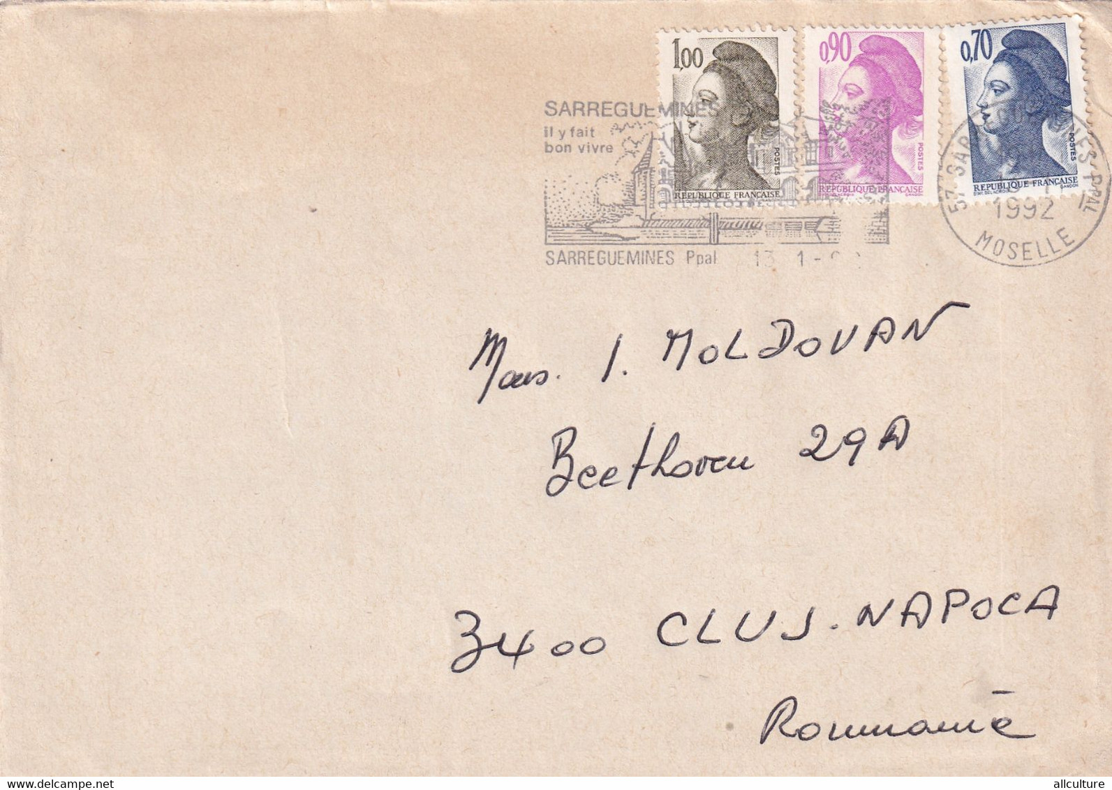 A9415- LETTER FROM SARREGUEMINES 1992 REPUBLIK FRANCAISE USED STAMPS ON COVER SENT TO CLUJ NAPOCA ROMANIA - Cartas & Documentos