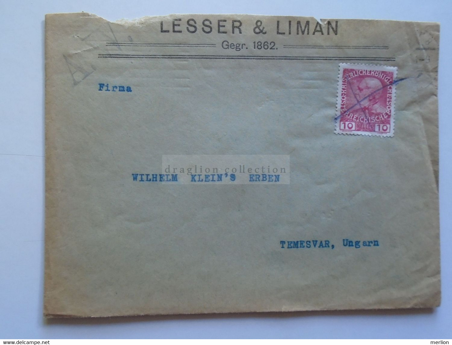 AD049.12  Austria  Cover  Wien  Ca 1918  Lesser & Liman  Sent To Wilhelm Klein's Erben  Temesvar Timisoara Banat - Covers & Documents