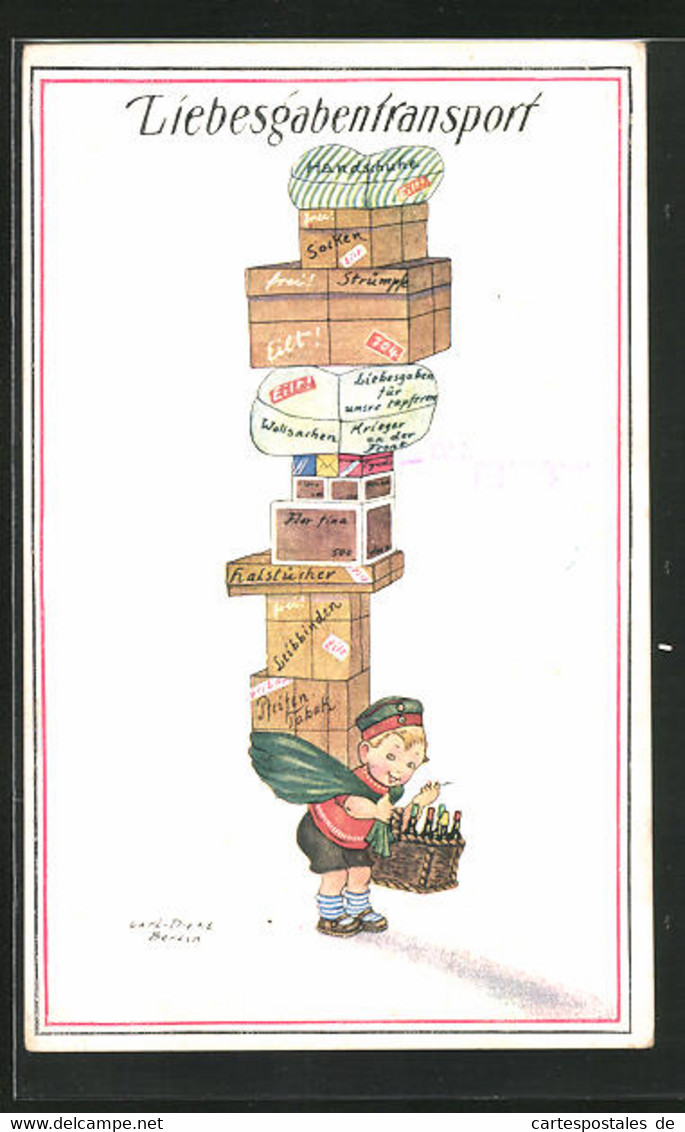 Künstler-AK Carl Diehl: Liebesgabentransport, Soldatenjunge Mit Bekleidungskisten Auf Dem Rücken - Diehl, Carl