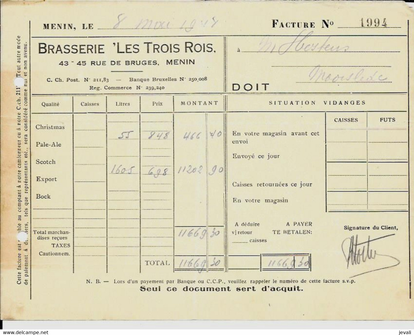 MENIN  - Brasserie ' Les Trois Rois ' -  1948 - Alimentaire