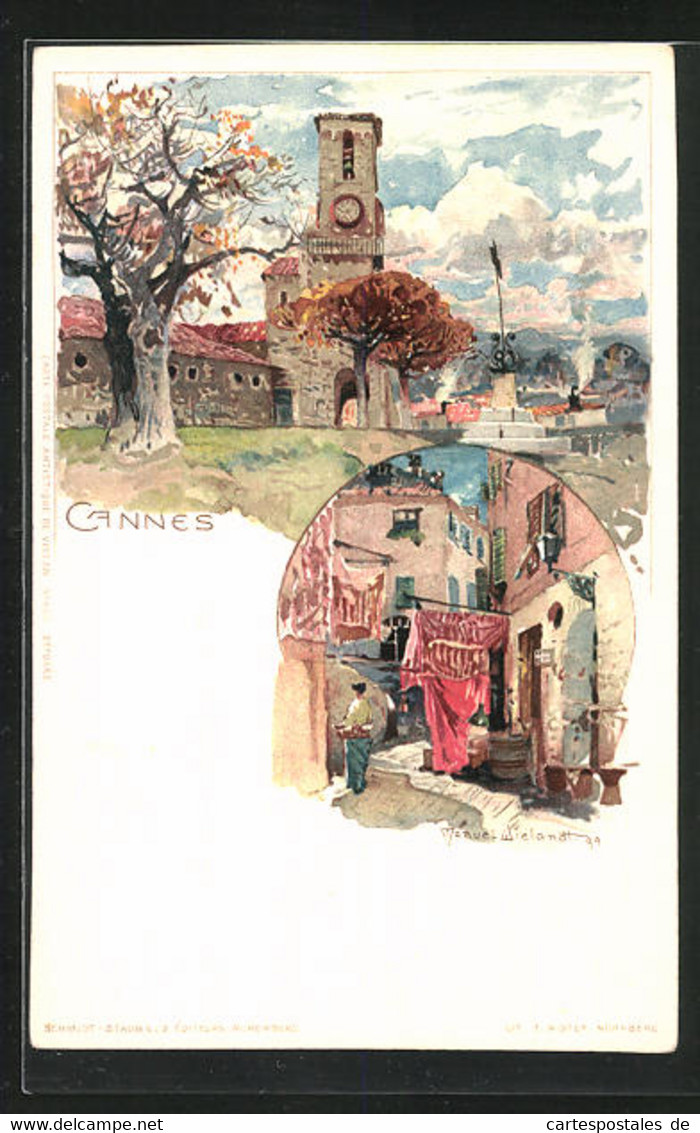 Künstler-AK Manuel Wielandt: Cannes, Kirche Mit Brunnen, Strasse Im Sonnenschein - Wielandt, Manuel