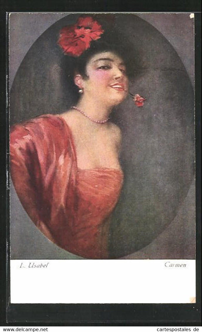 Künstler-AK Luis Usabal: Hübsche Frau Im Roten Kleid Mit Blume Im Haar /Mund - Usabal