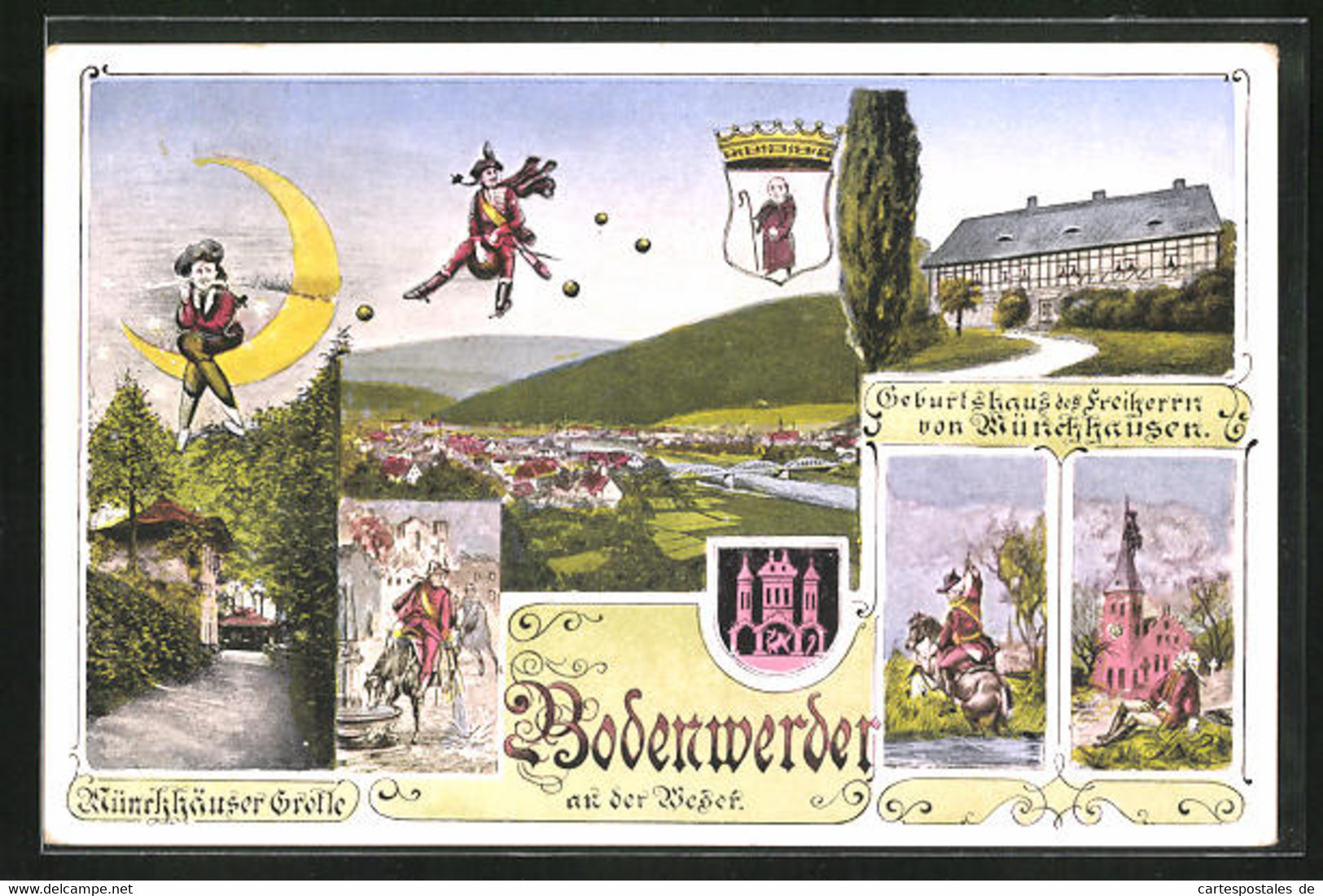 AK Bodenwerder An Der Weser, Geburtshaus Des Freiherrn Von Münchhausen, Münchhäuser Grotte, Wappen - Bodenwerder