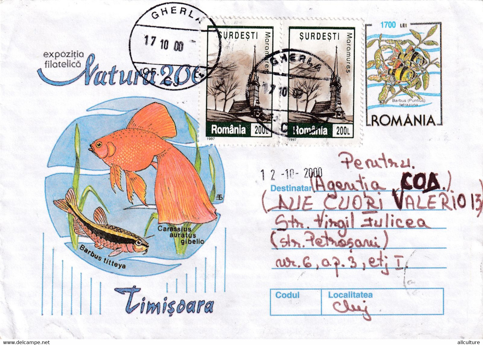 A9478-PHYLATELIC EXHIBITION  NATURE 2000-BARBUS TITTEYA,GHERLA 2000 ROMANIA USED ROMANIAN POSTAGE STAMP COVER STATIONERY - Exposiciones Filatélicas