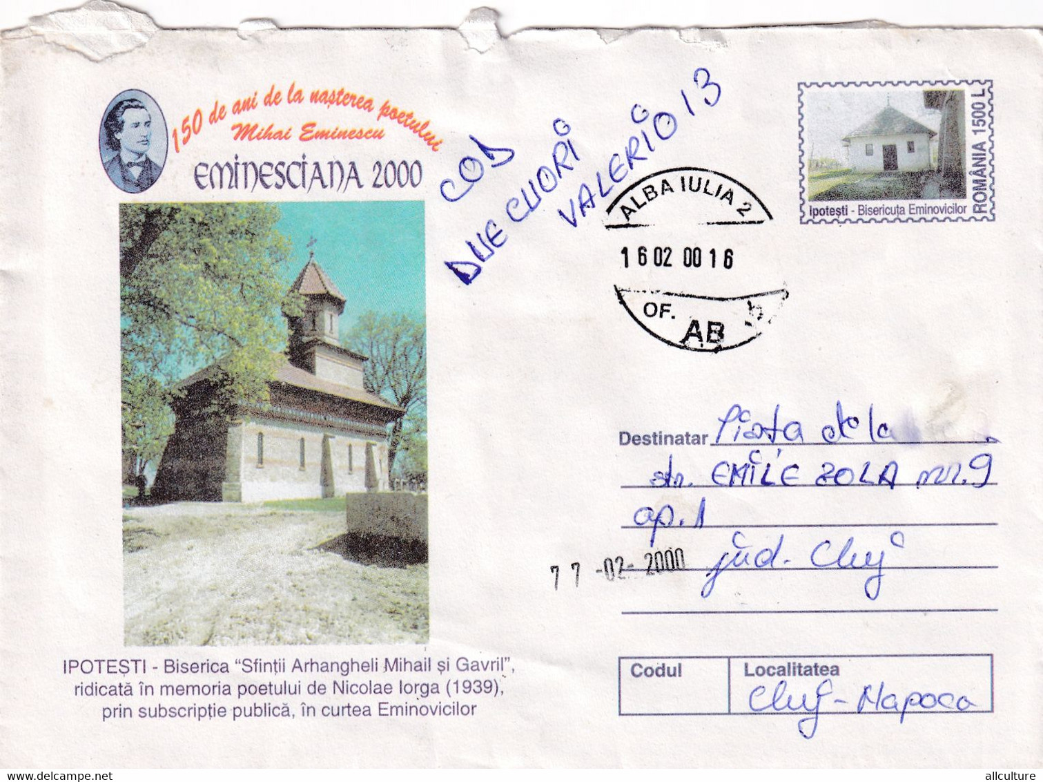 A9495-PHYLATELIC EXPO EMINESCIANA 2000, CHURCH EMINESCU YARD, ALBA IULIA 2000 ROMANIA COVER STATIONERY - Schrijvers