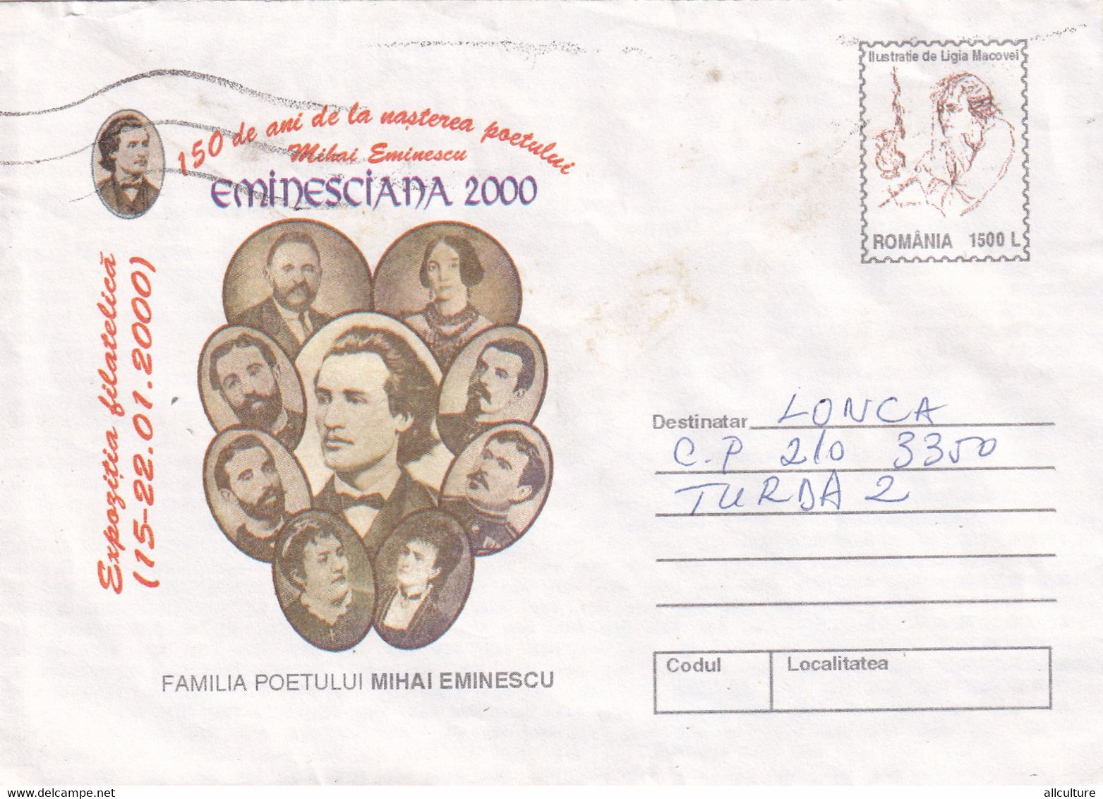A9500-PHYLATELIC EXPO EMINESCIANA 2000,POET'S FAMILY MICHAEL EMINESCU, 2000 COVER STATIONERY ROMANIA - Schrijvers