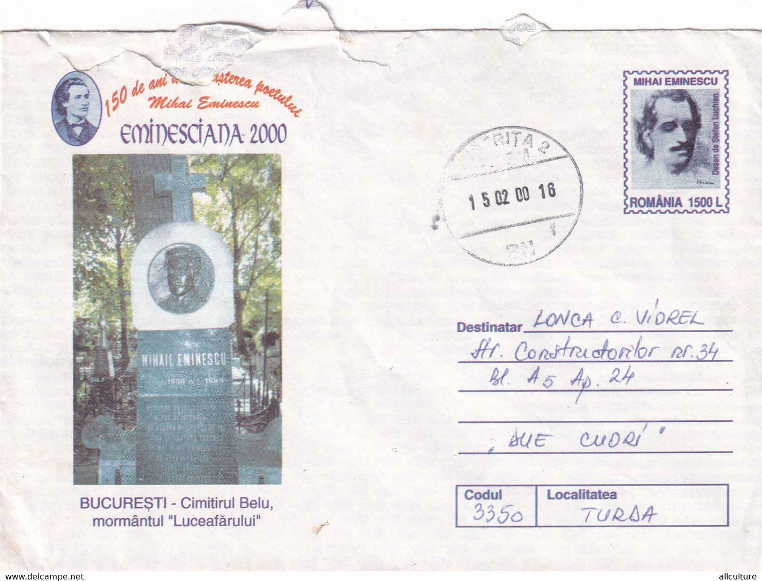 A9506-PHYLATELIC EXPO EMINESCIANA 2000, BUCHAREST CEMETERY MICHAEL EMINESCU,BISTRITA 2000 COVER STATIONERY ROMANIA - Schrijvers