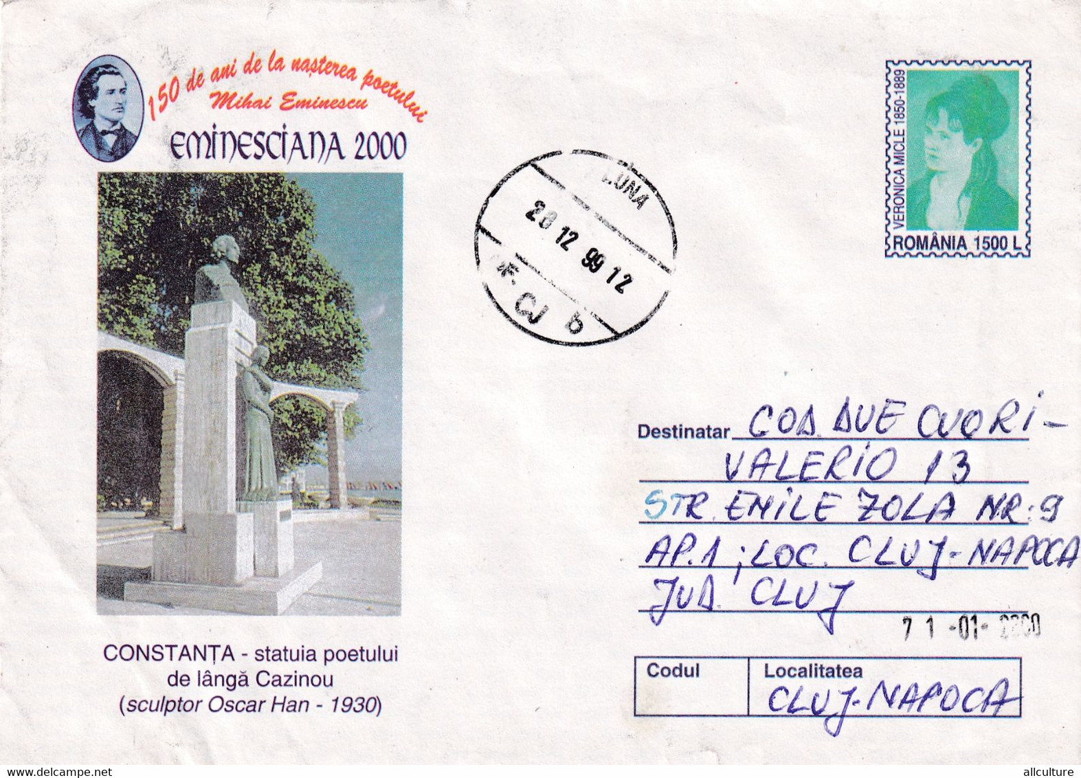 A9507-PHYLATELIC EXPO EMINESCIANA 2000,POET'S STATUE IN CONSTANTA ROMANIA, 1999 COVER STATIONERY ROMANIA - Schrijvers