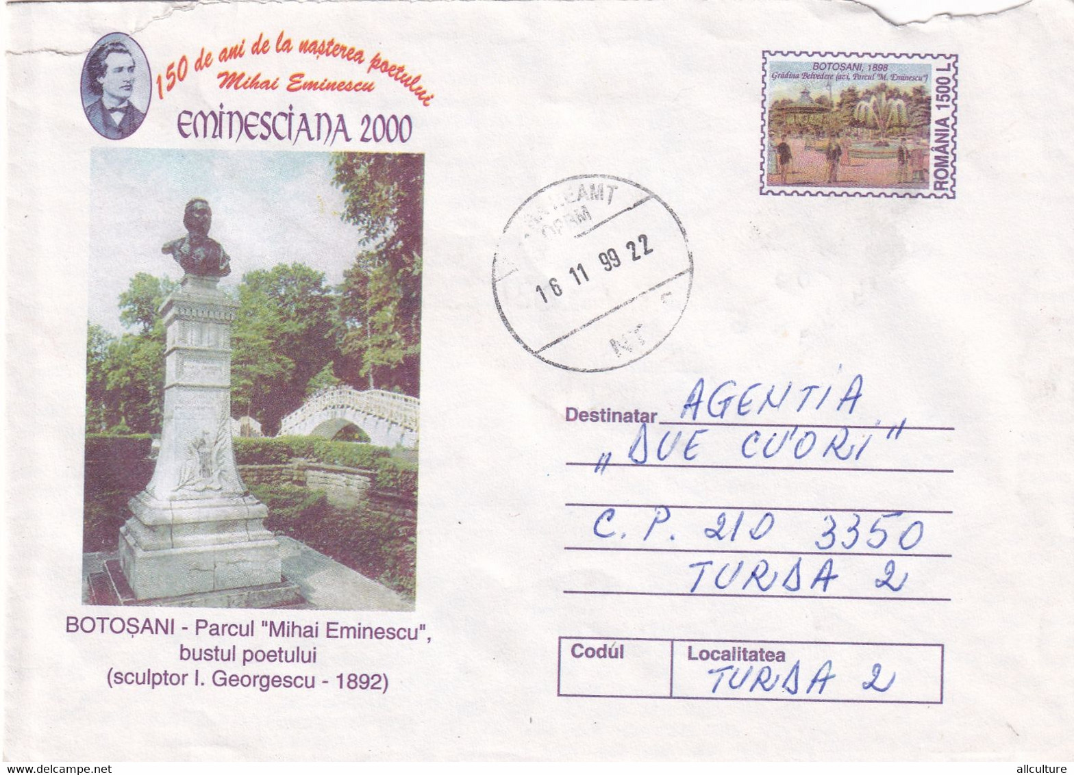 A9509-PHYLATELIC EXPO EMINESCIANA 2000,MICHAEL EMINESCU PARK BOTOSANI, PIATRA NEAMT 1999 COVER STATIONERY ROMANIA - Exposiciones Filatélicas