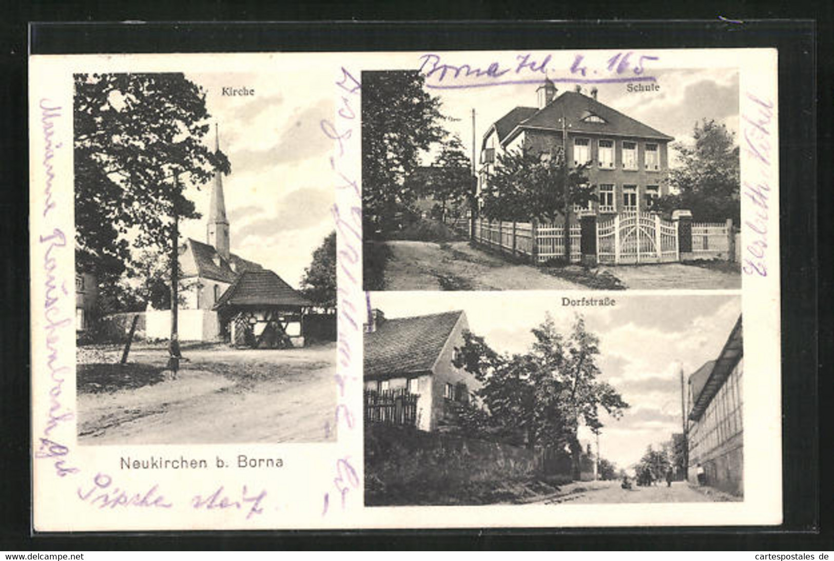 AK Neukirchen / Borna, Schule, Kirche, Ortspartie - Neukirch (Lausitz)