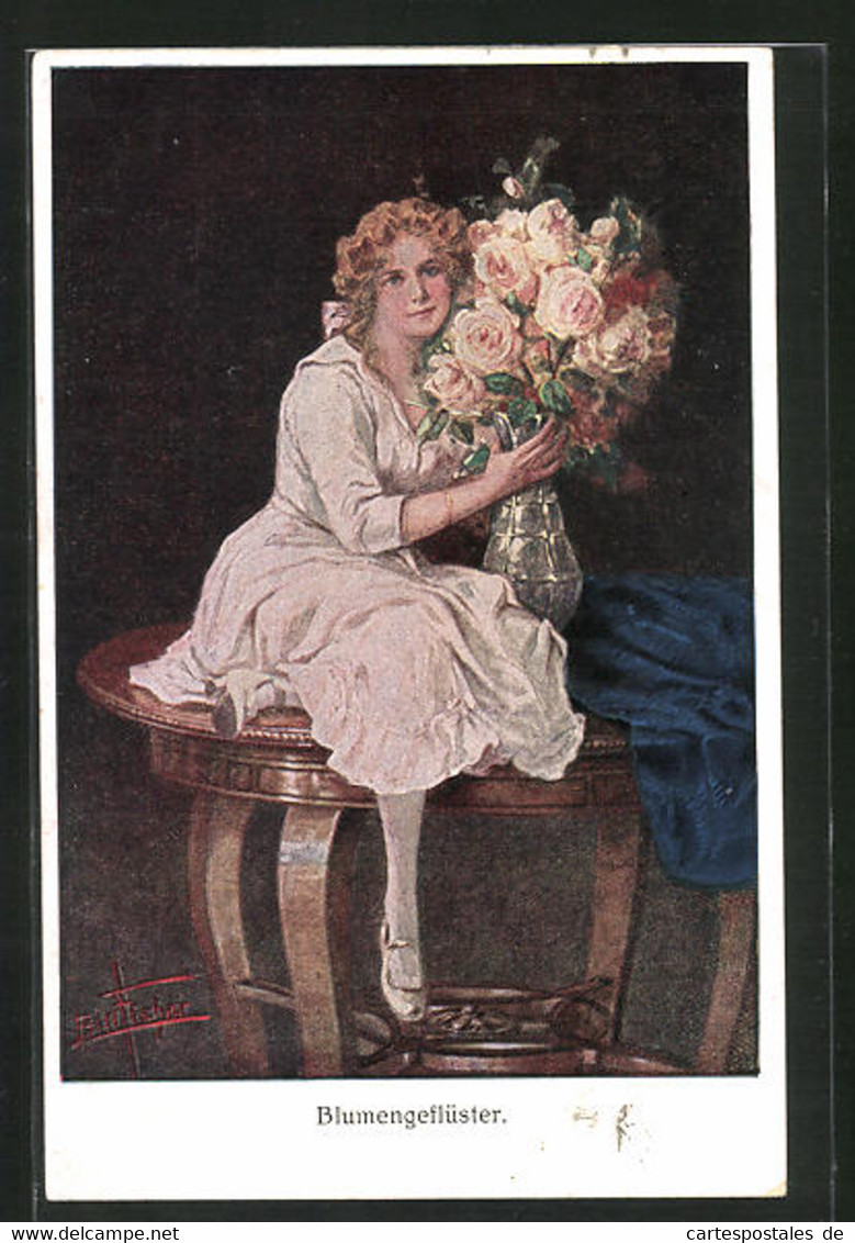 Künstler-AK Bill Fisher: Blumengeflüster, Schöne Junge Frau Mit Rosen In Der Vase - Fisher, Bill
