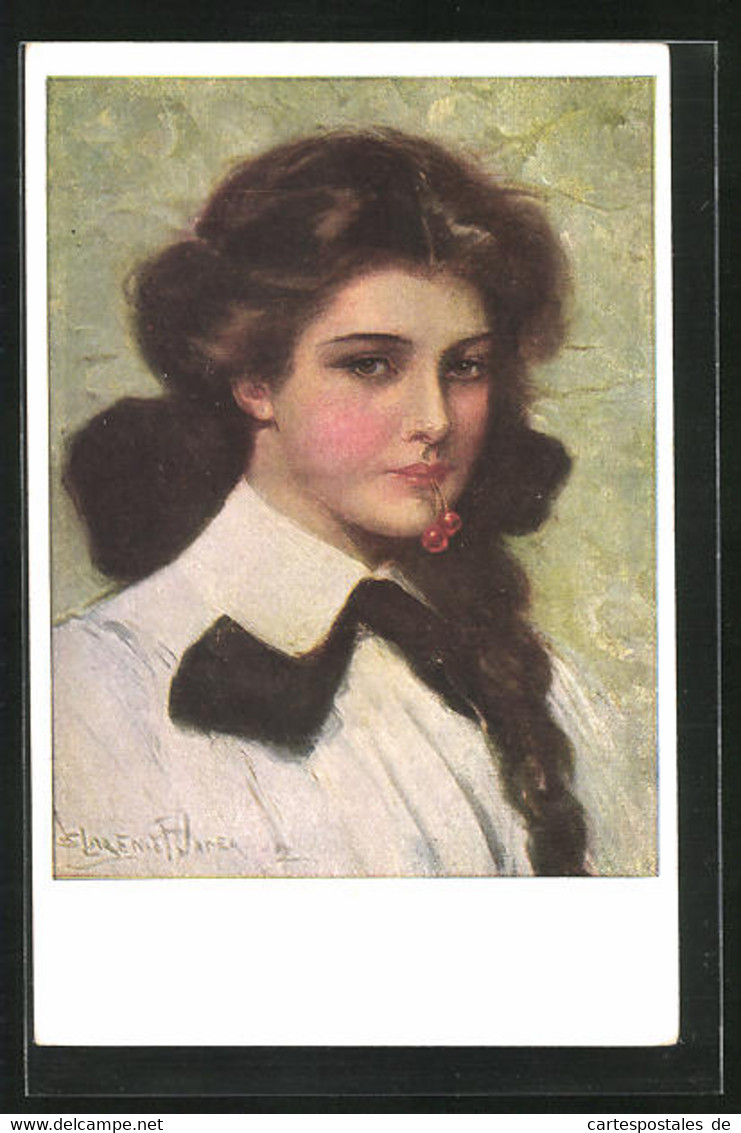Künstler-AK Clarence F. Underwood: Portrait Schönes Fräulein Mit Kirschen Zwischen Den Lippen - Underwood, Clarence F.