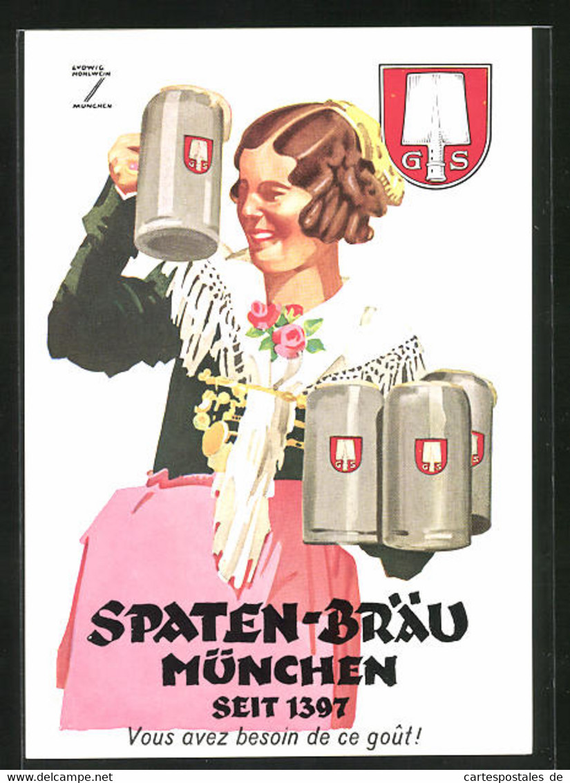Künstler-AK Ludwig Hohlwein: Spaten-Bräu München, Seit 1397, Brauerei-Reklame, Hübsche Junge Wirtin - Hohlwein, Ludwig