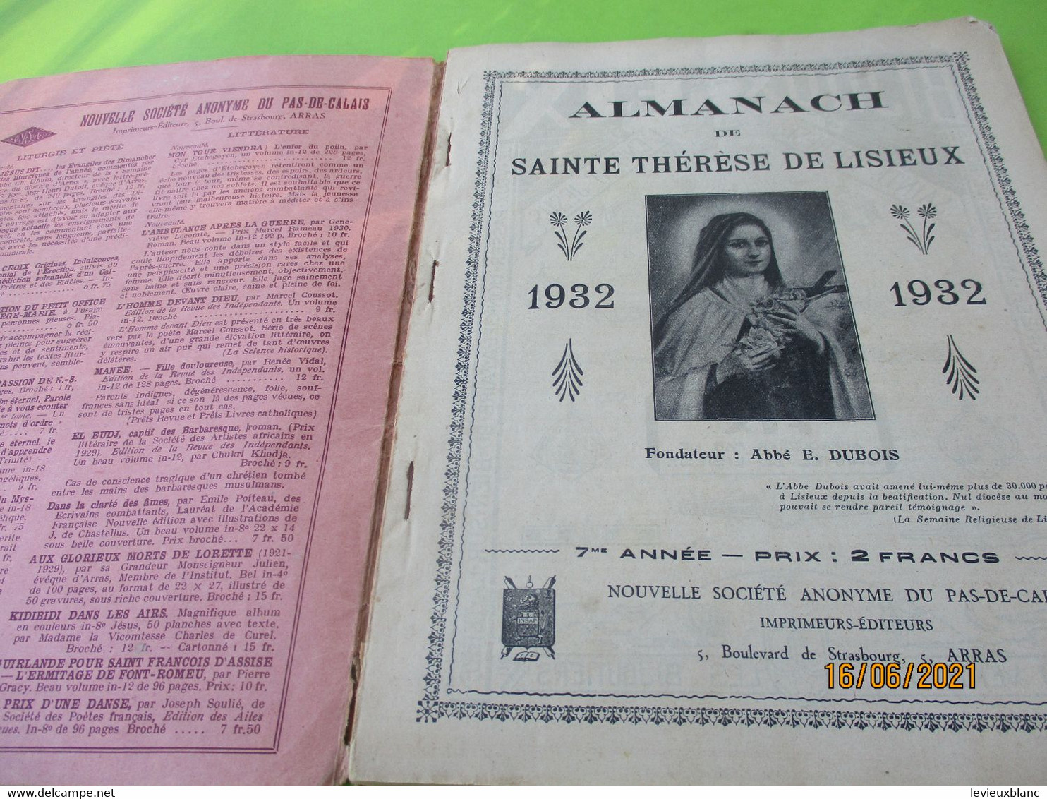 Almanach De SAINTE THERESEde LISIEUX/Nouvelle Société Anonyme Du PAS De Calais/ ARRAS/1932    CAN857 - Religion & Esotericism