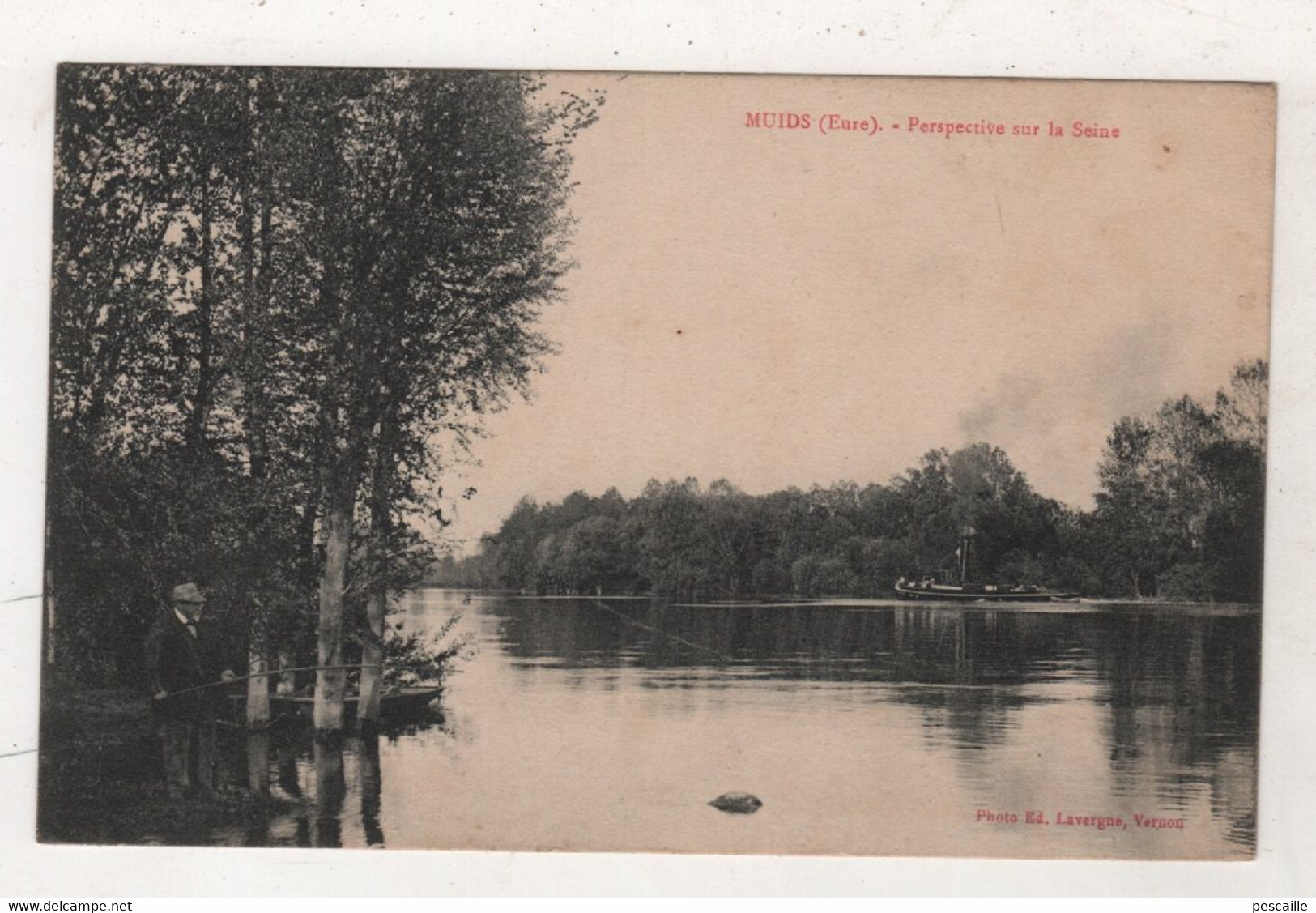 27 EURE - CP ANIMEE PECHEUR A LA LIGNE - MUIDS - PERSPECTIVE SUR LA SEINE - PHOTO ED. LAVERGNE VERNON - CIRCULEE EN 1924 - Muids