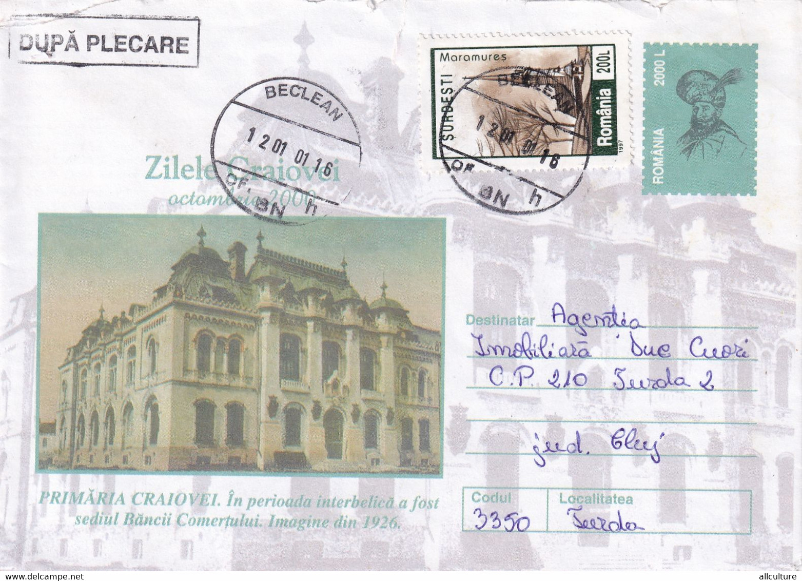 A9578- CITY HALL CRAIOVA, ROMANIA COVER STATIONERY, BECLEAN 2000 SENT TO TURDA USED STAMPS - Other & Unclassified