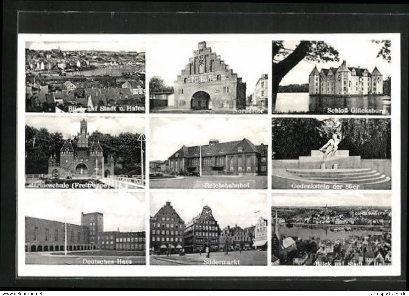 AK Flensburg, Marienschule Mit Freitreppe, Reichsbahnhof, Schloss Glücksburg - Gluecksburg