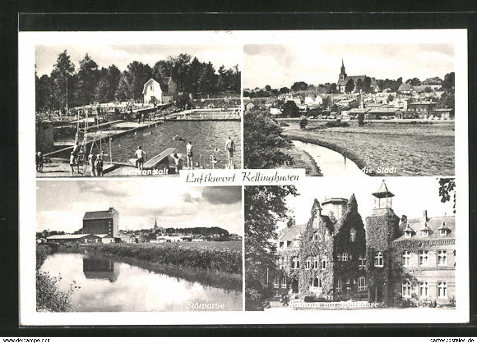 AK Kellinghusen, Badeanstalt, Rathaus Mit Sparkasse, Störpartie Und Stadtpanorama - Kellinghusen