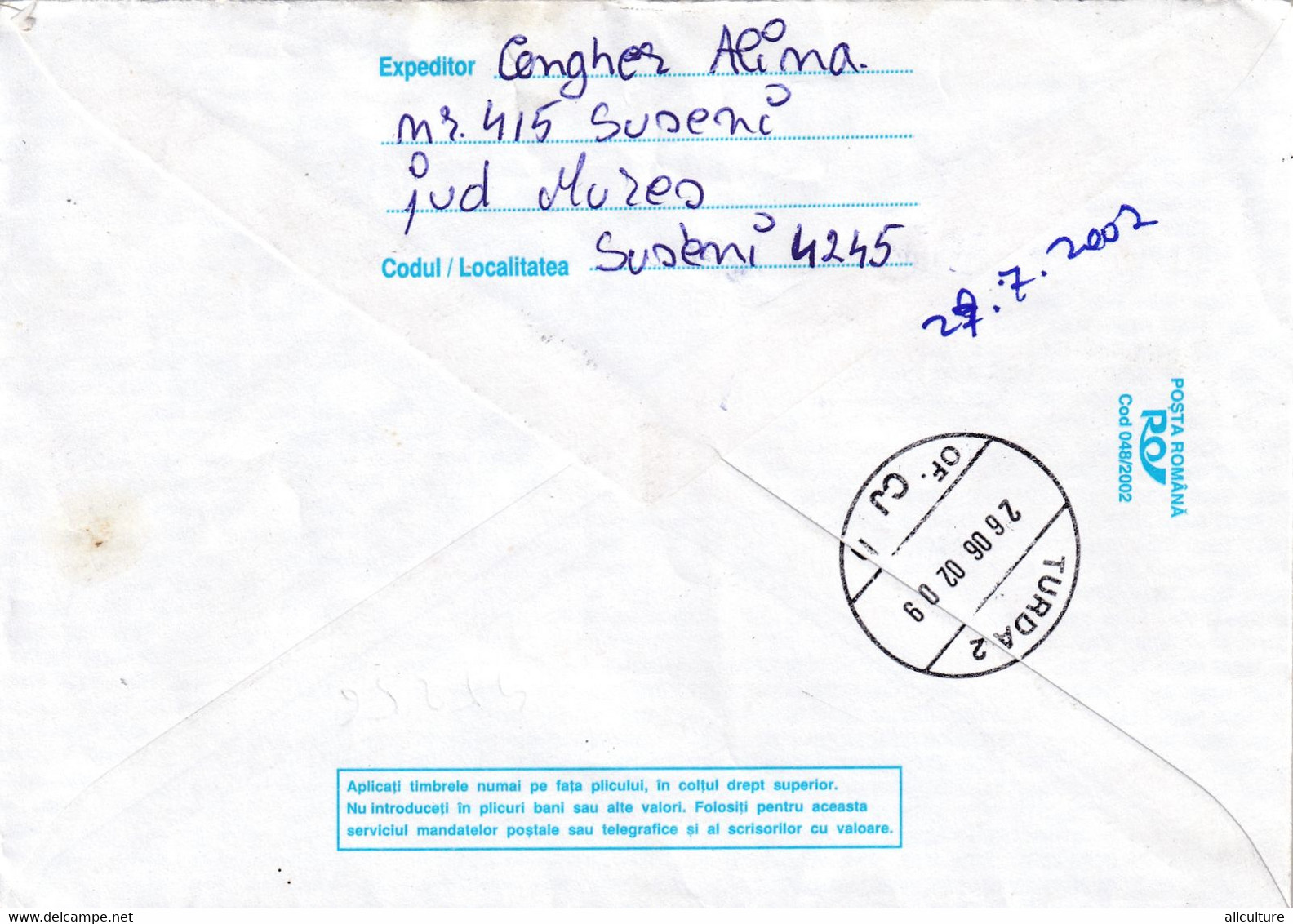 A9611- RED FLOWER, REGHIN 2002  SENT TO TURDA, ROMANIA COVER STATIONERY, USED STAMP ON COVER - Otros & Sin Clasificación