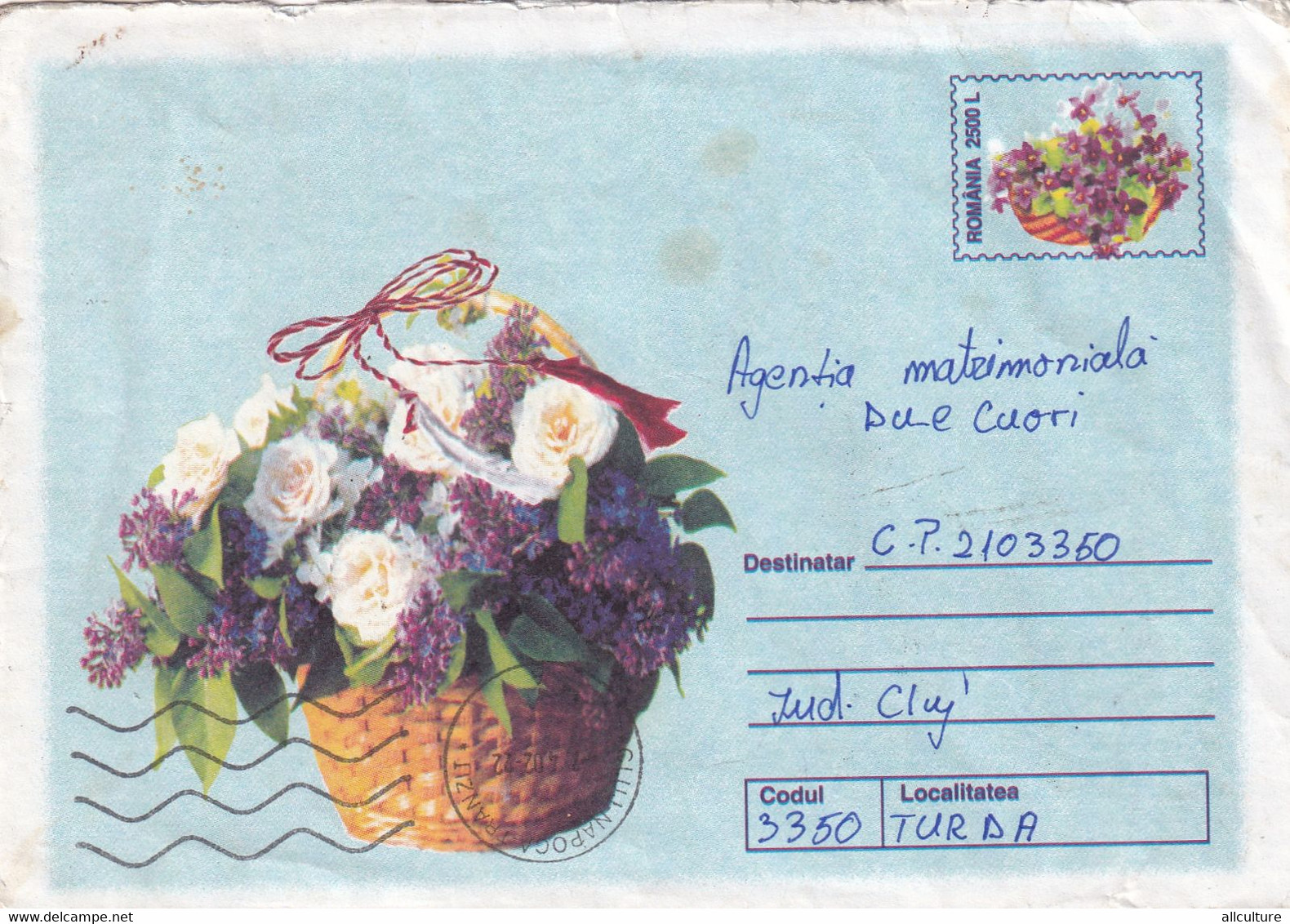 A9613- BOUQUET OF WHITE ROSES IN THE BASKET,CLUJ NAPOCA 2002 SENT TO TURDA, ROMANIA COVER STATIONERY - Rozen