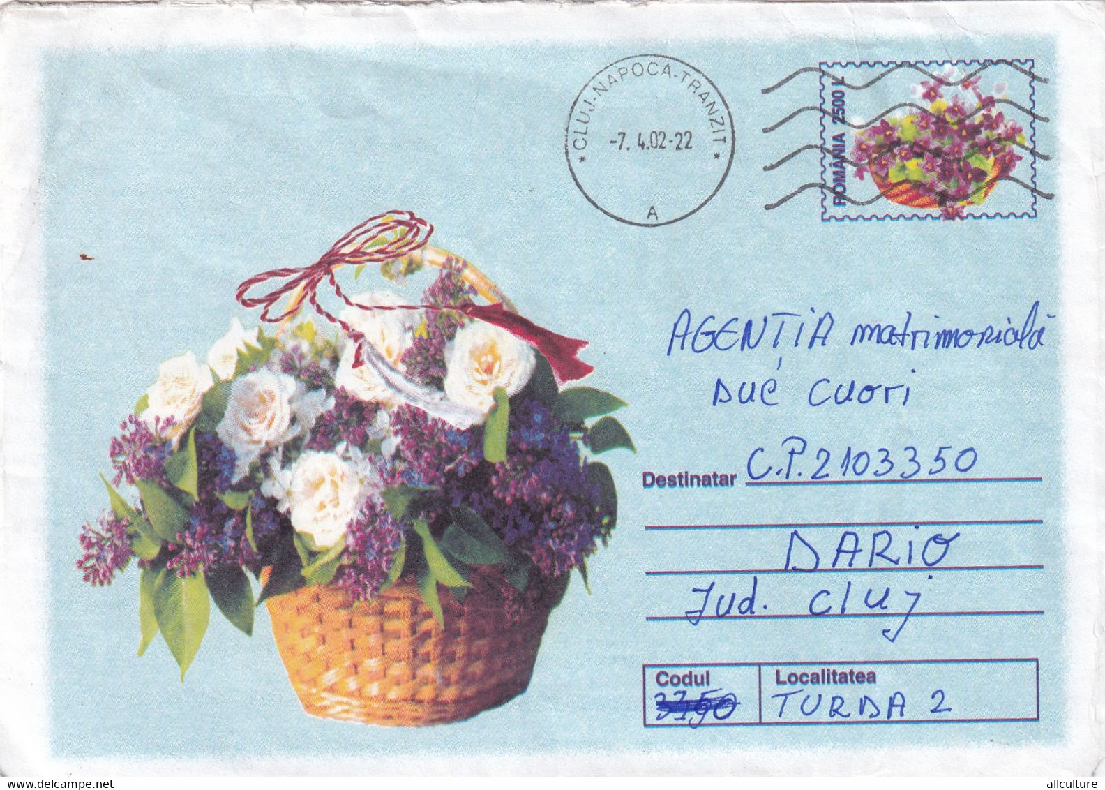 A9614- BOUQUET OF ROSES AND LILAC FLOWERS IN THE BASKET,CLUJ NAPOCA 2002 SENT TO TURDA, ROMANIA COVER STATIONERY - Rozen
