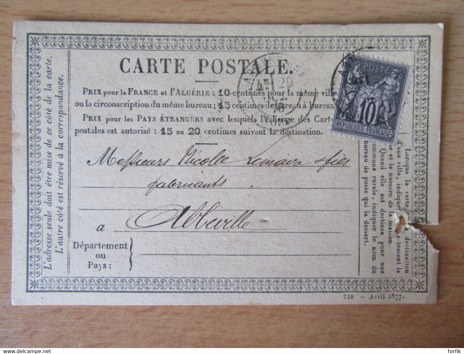 France - Timbre Sage 10c N°89 Sur Précurseur Entre Armentières Et Abbeville - CàD 1878 - 1877-1920: Période Semi Moderne