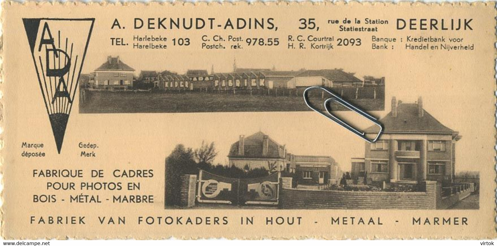 Deerlijk - Publiciteitskaart A. Deknudt-Adins Fabriek Van Fotokaders (   15 X 7 Cm ) - Deerlijk