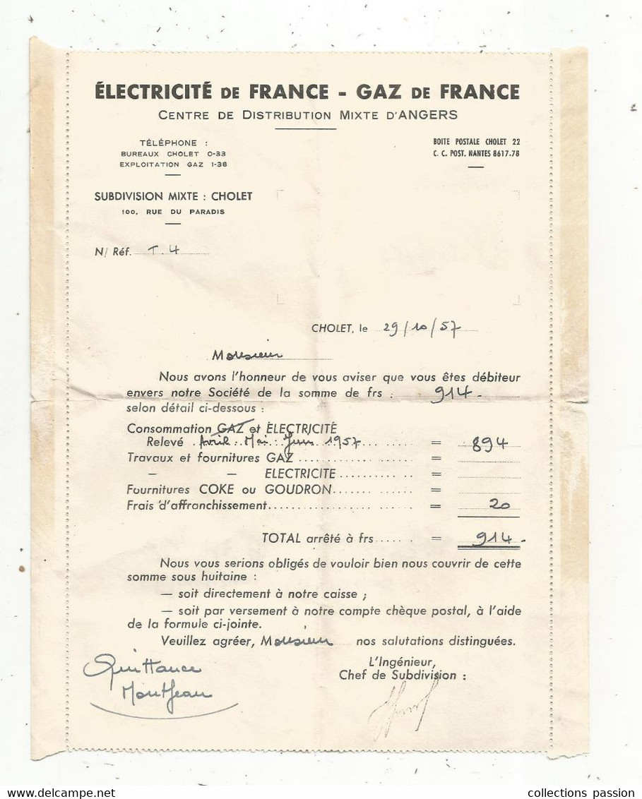 JCR , Facture ,ELECTRICITE DE FRANCE , GAZ DE FRANCE , Angers ,1957 , 2 Scans - 1950 - ...