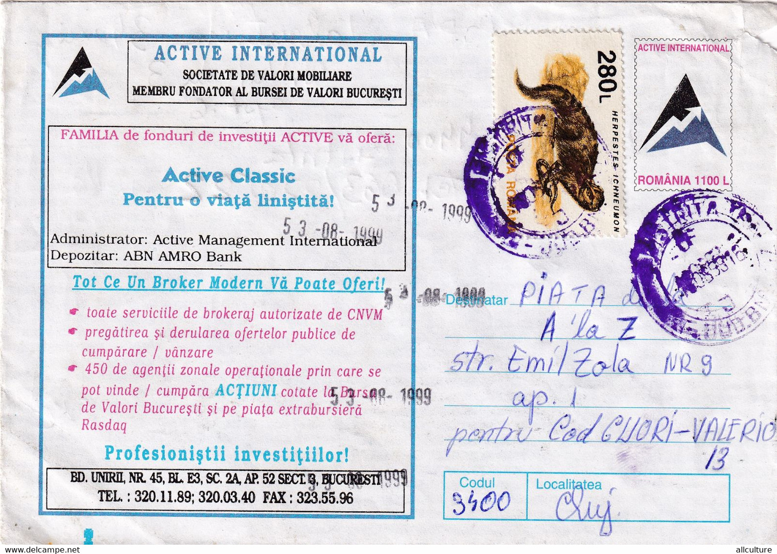 A9634-INVESTMENT BROKER ACTIVE INTERNATIONAL STOCK MARKET, BISTRITA 1999 ROMANIA COVER STATIONERY,USED STAMPS ON COVER - Andere & Zonder Classificatie