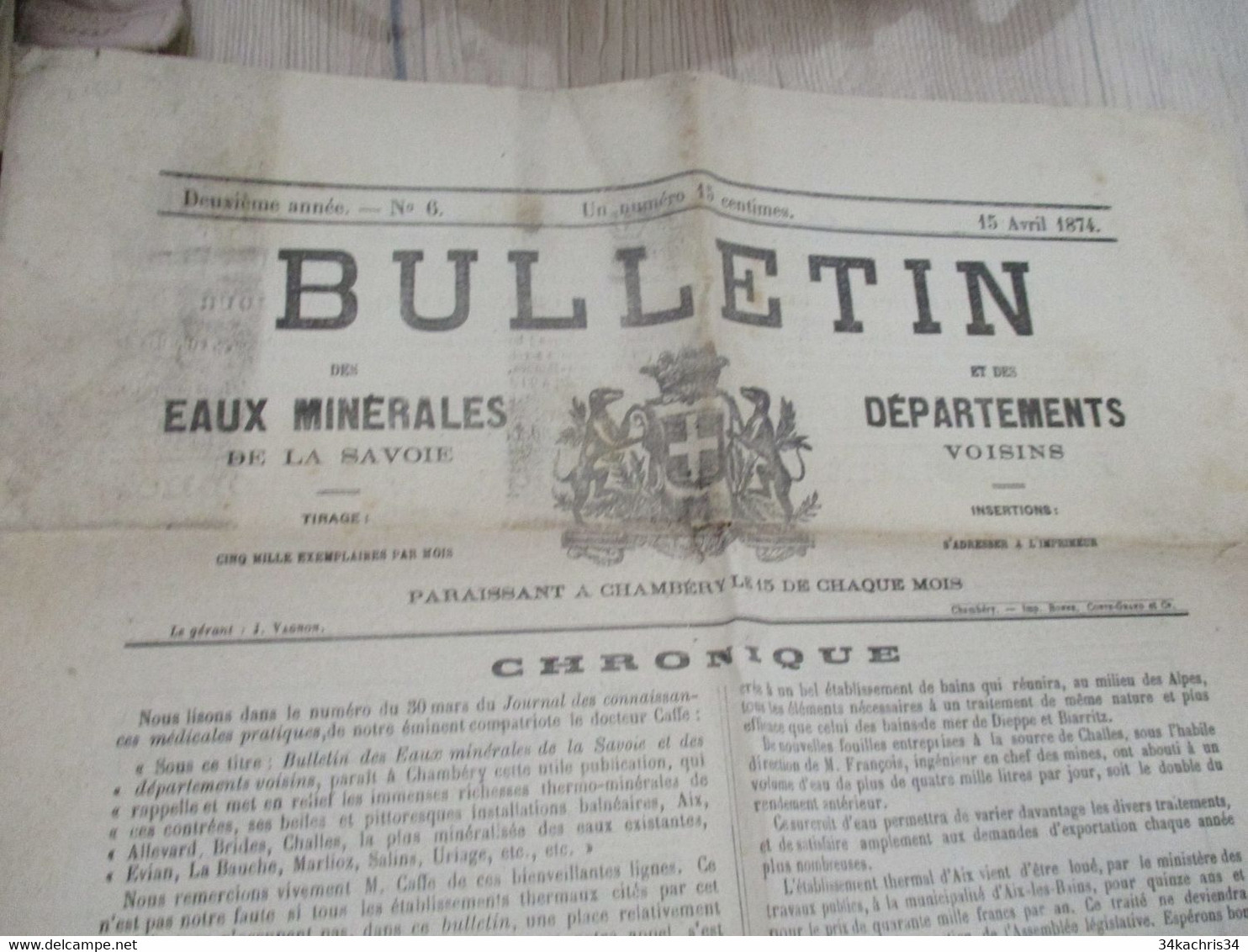 Bulletin Des Eaux Minérales De Savoie 15/04/1874 N°6 2 ème Année - 1850 - 1899