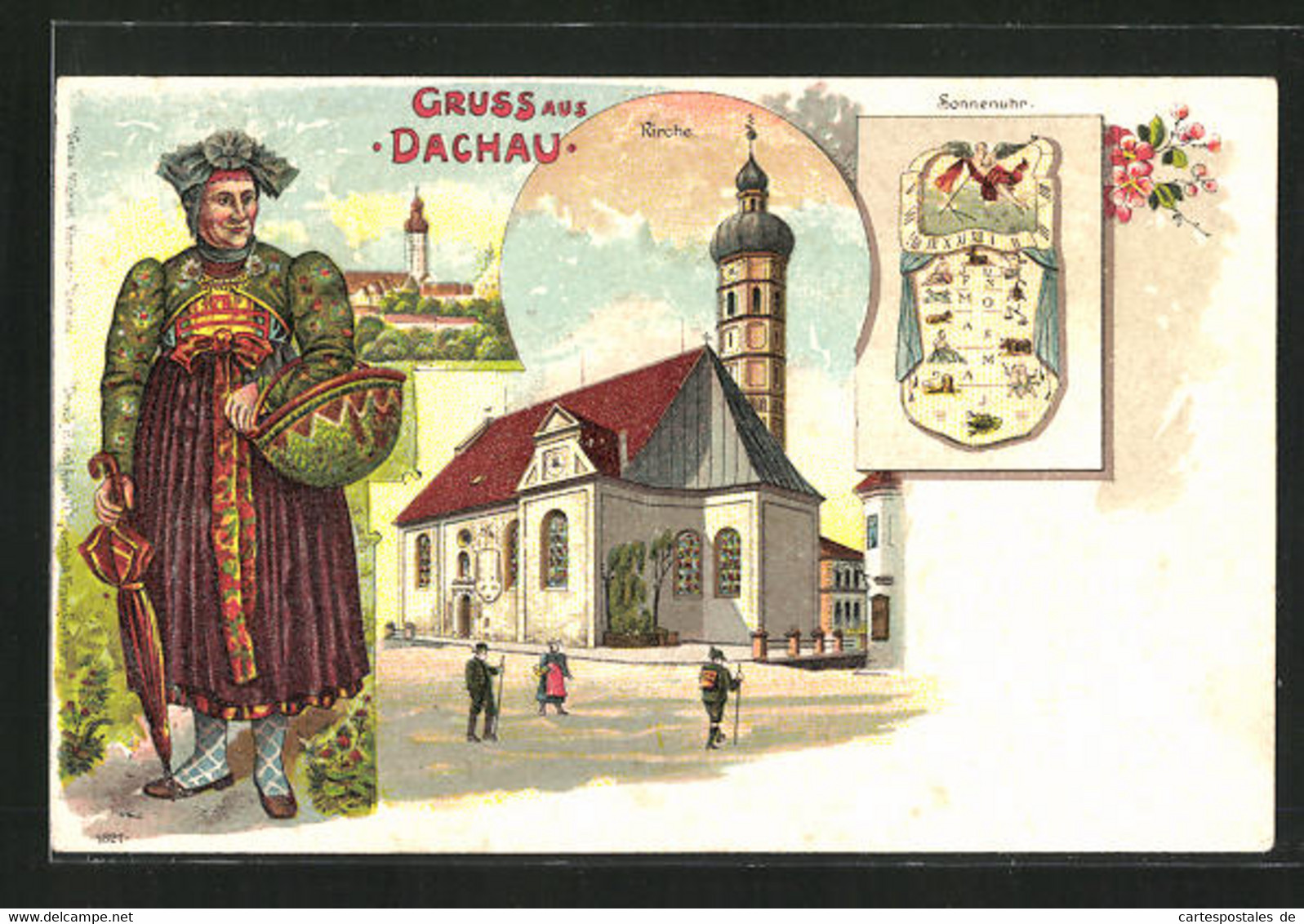 Lithographie Dachau, Kirche, Sonnenuhr, Frau In Tracht - Dachau