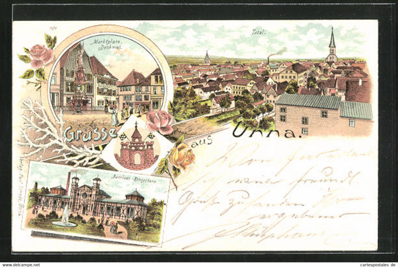 Lithographie Unna, Badehaus-Königshorn, Marktplatz Mit Denkmal, Totalansicht, Wappen - Unna