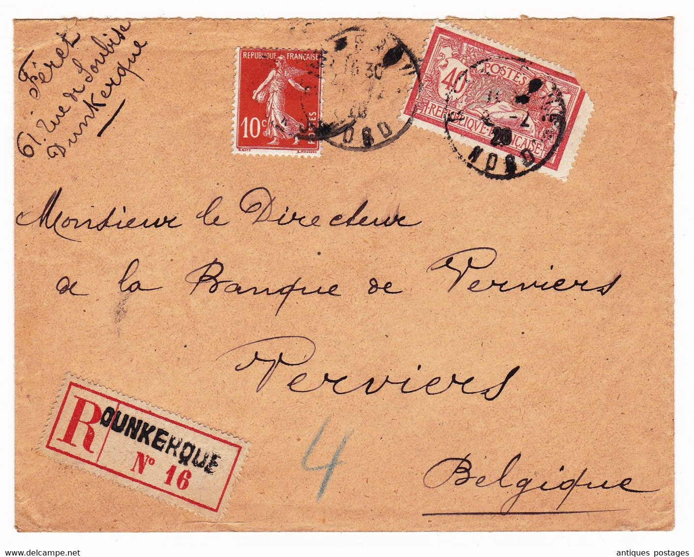 Lettre Recommandée 1920  Dunkerque Nord Verviers Belgique Semeuse + Merson - 1900-27 Merson