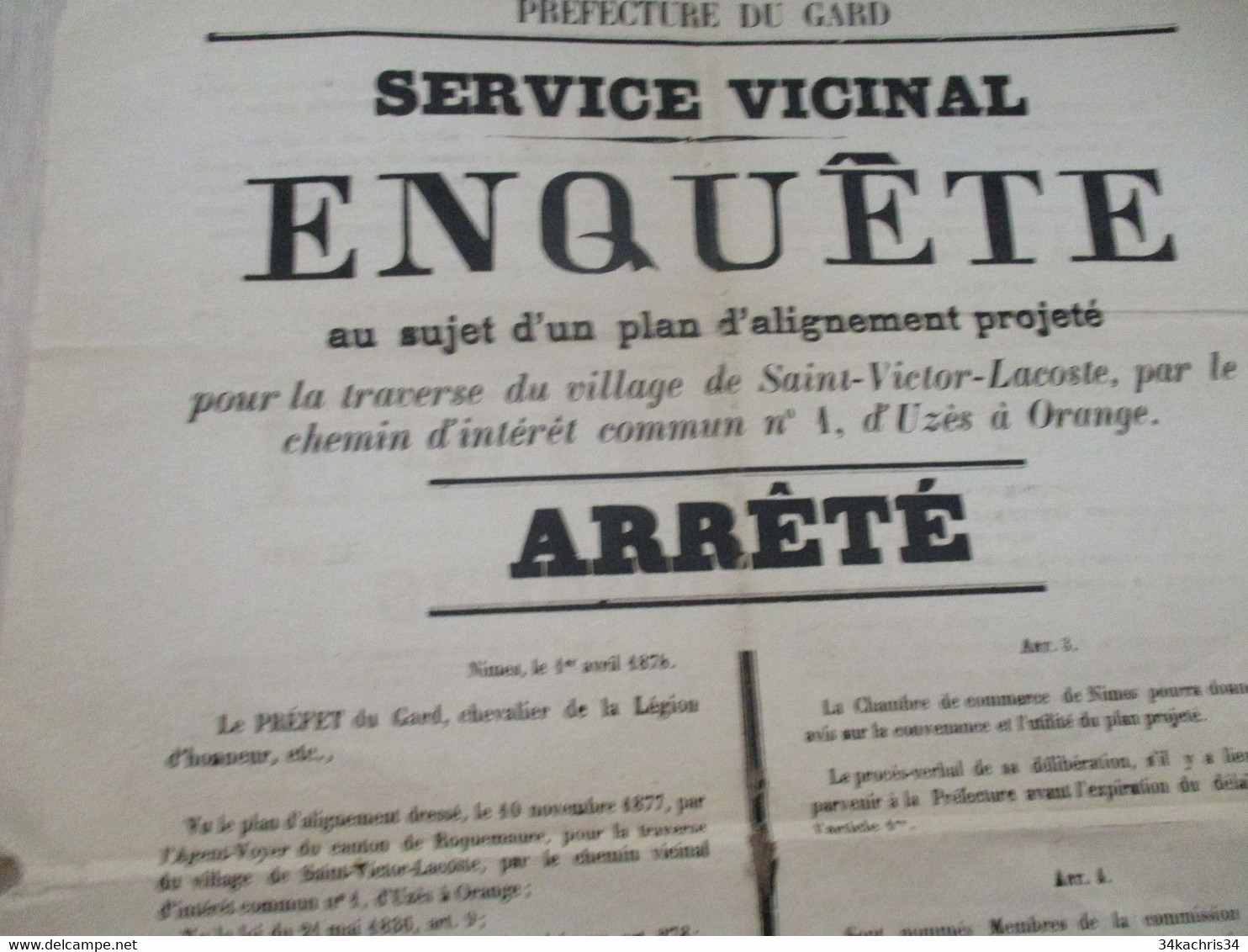 Affiche Gard 1878 Enquête Plan Pour La Traverse De St Victor De Lacoste Par Le Chemin Local N°1 D'Uzès à Orange état - Posters