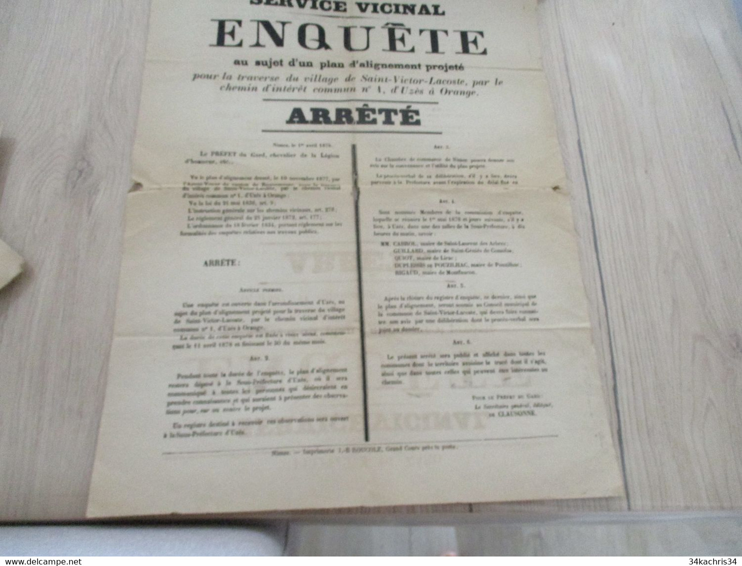 Affiche Gard 1878 Enquête Plan Pour La Traverse De St Victor De Lacoste Par Le Chemin Local N°1 D'Uzès à Orange état - Posters