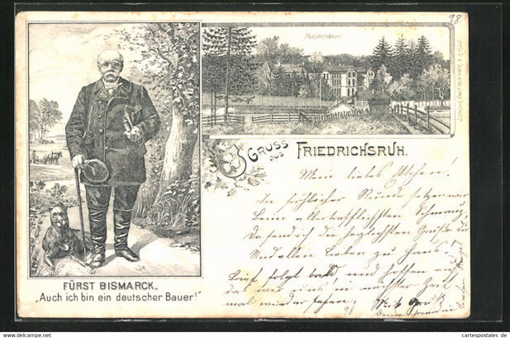 Lithographie Friedrichsruh, Ortspartie, Fürst Bismarck Mit Hund - Friedrichsruh