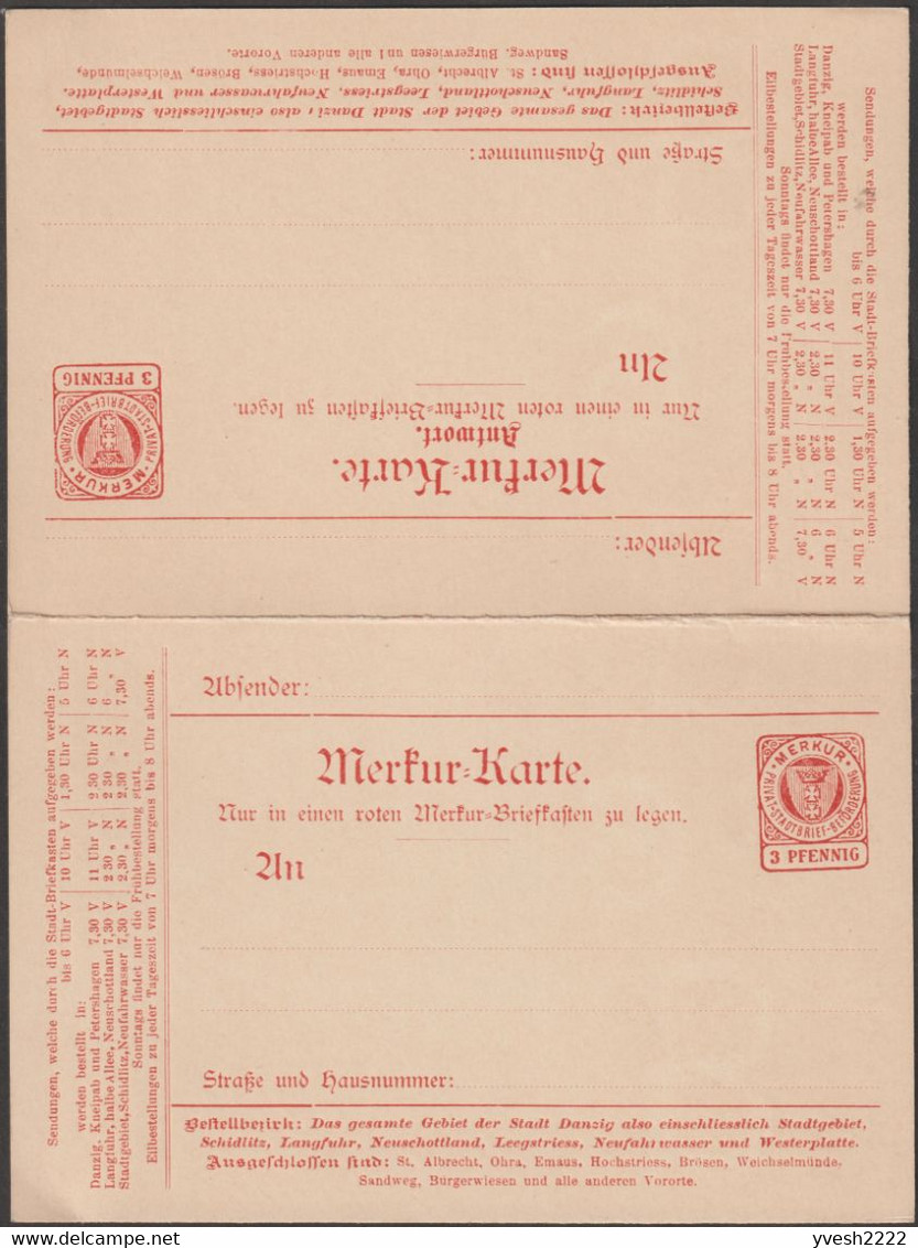 Allemagne / Pologne 1898 Poste Privé Merkur De Danzig / Gdansk. Entier Postal, Carte Avec Réponse Payée - Altri & Non Classificati