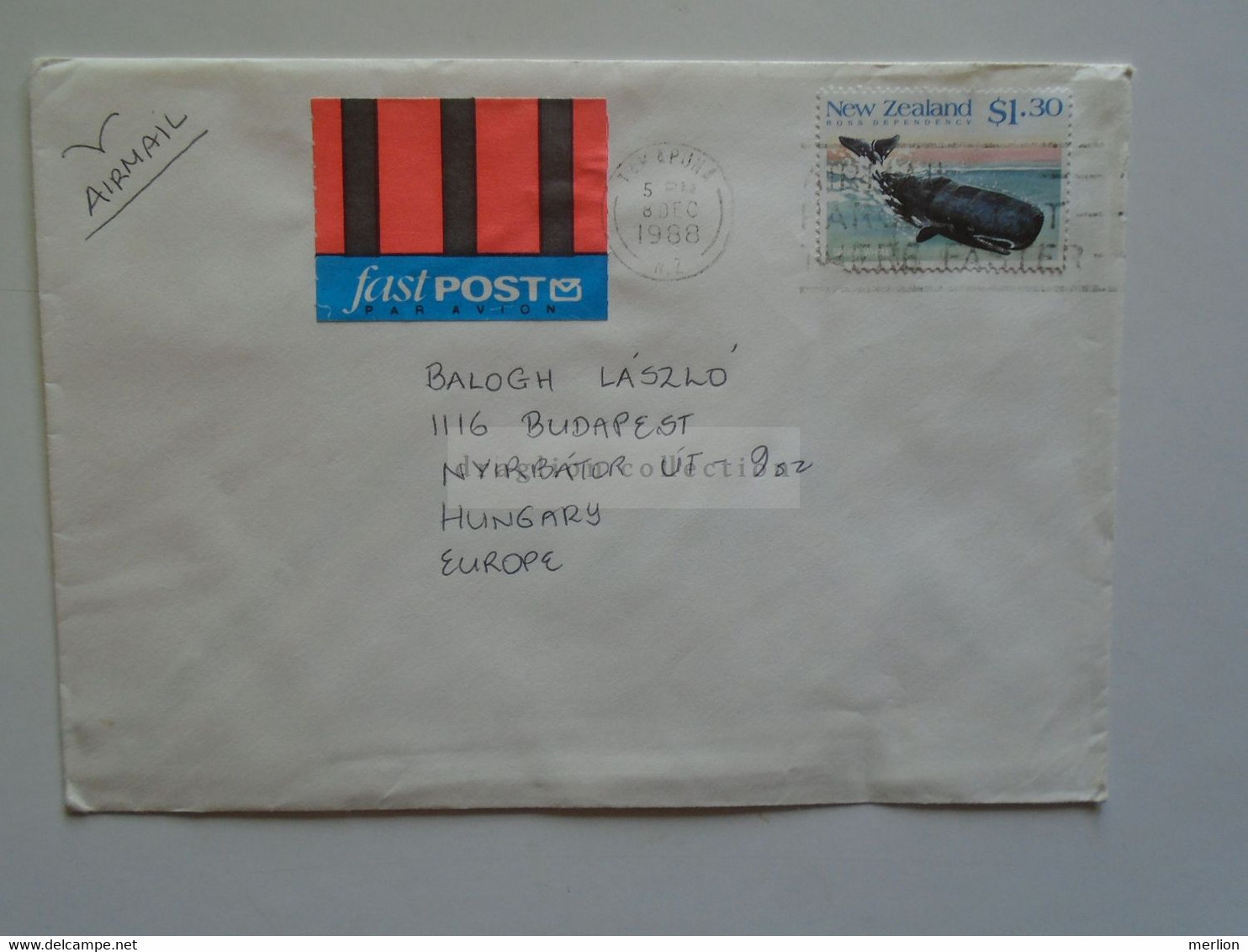 E0244  New Zealand  Airmail  Cover  - Cancel  1988  Stamp  Whale   Sent To Hungary - Briefe U. Dokumente