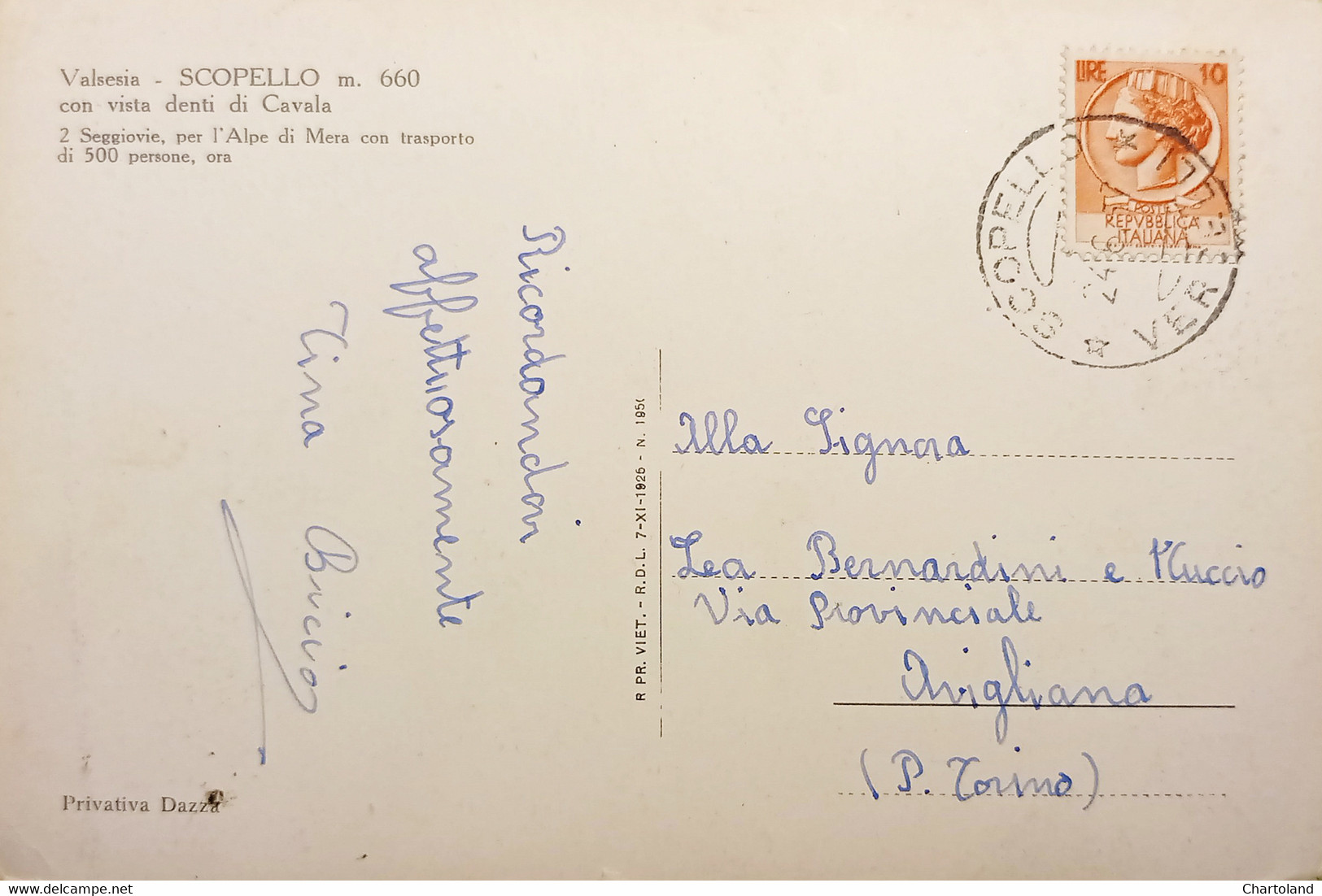 Cartolina - Valsesia - Scopello Con Vista Denti Di Cavala ( Vercelli ) - 1957 - Vercelli