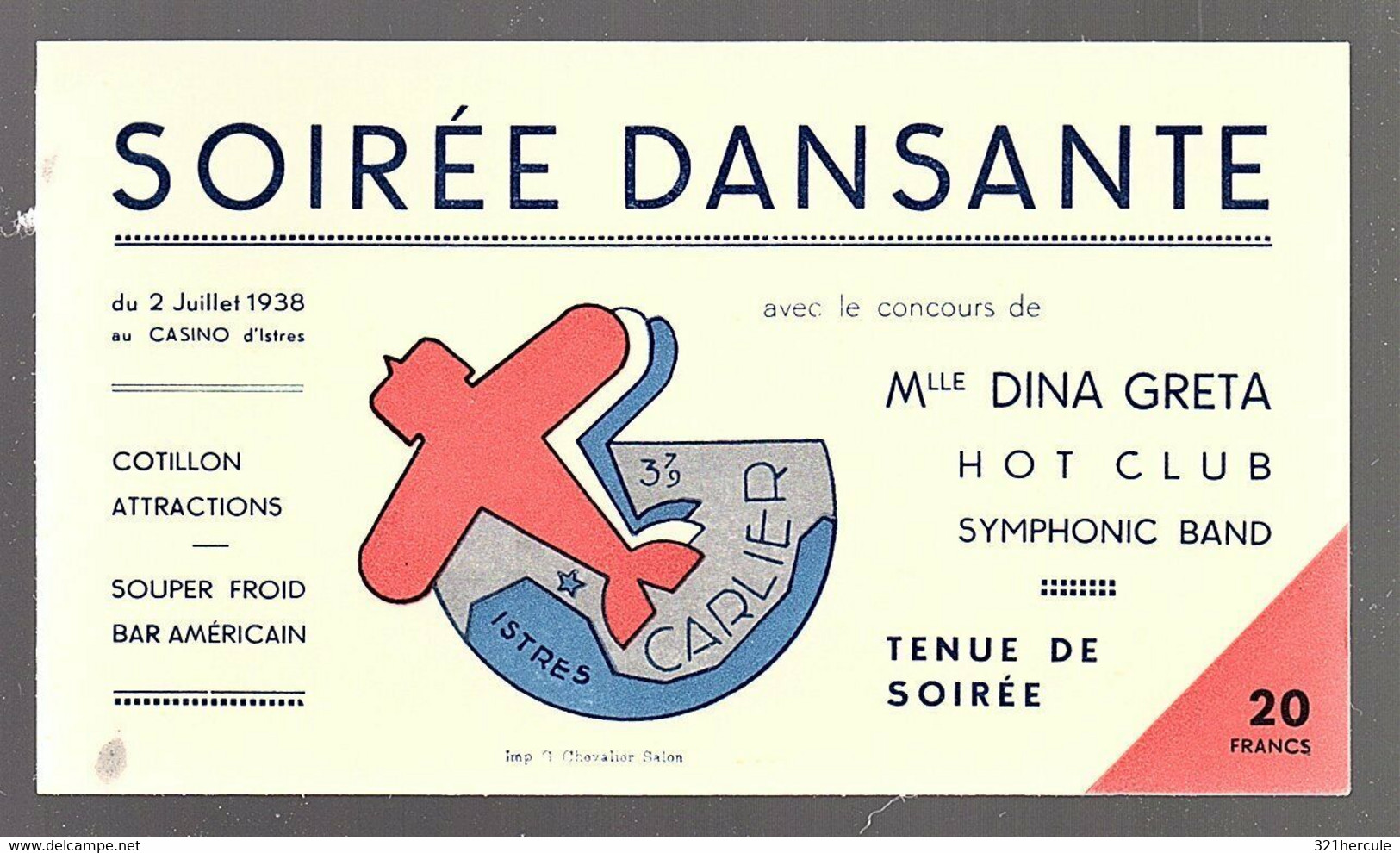 Rar Carton Invitation Soirée Dansante 1938 Ancien Avion 379 Carlier Istres Greta Aéronautique - Collections