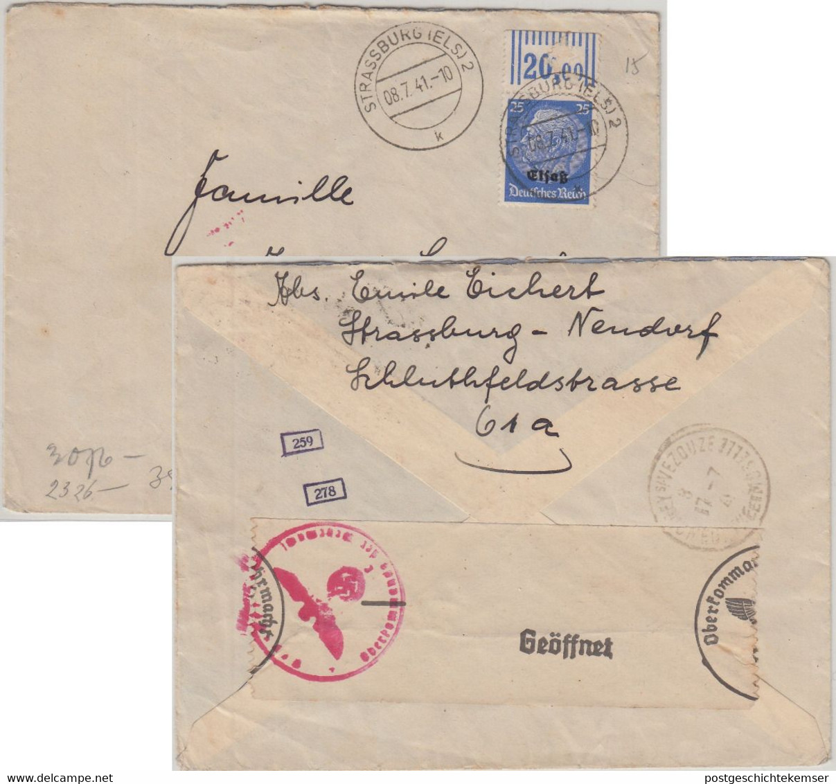 Bes. Elsass - 25 Pfg. Hindenburg/Überdruck OBERRAND Zensurbrief Strassburg 1941 - Altri & Non Classificati
