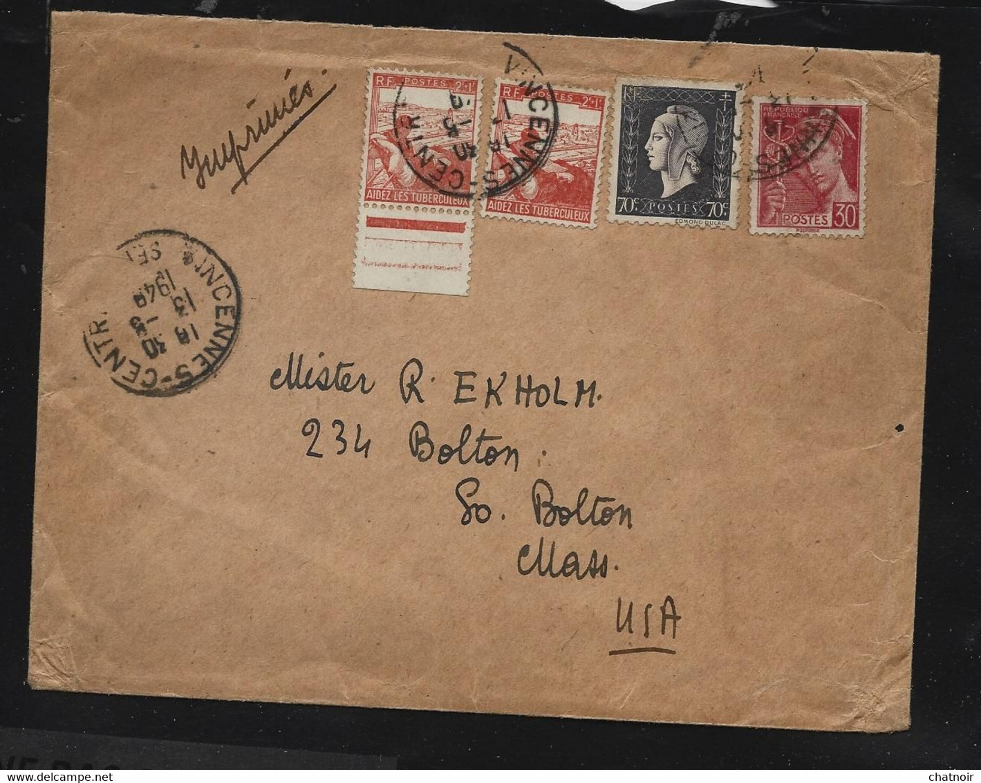 ENVELOP   Oblit VINCENNES   1948  DULAC  MAZELIN   AIDEZ LES TUBERCULEUX Pour U S A - 1944-45 Maríanne De Dulac