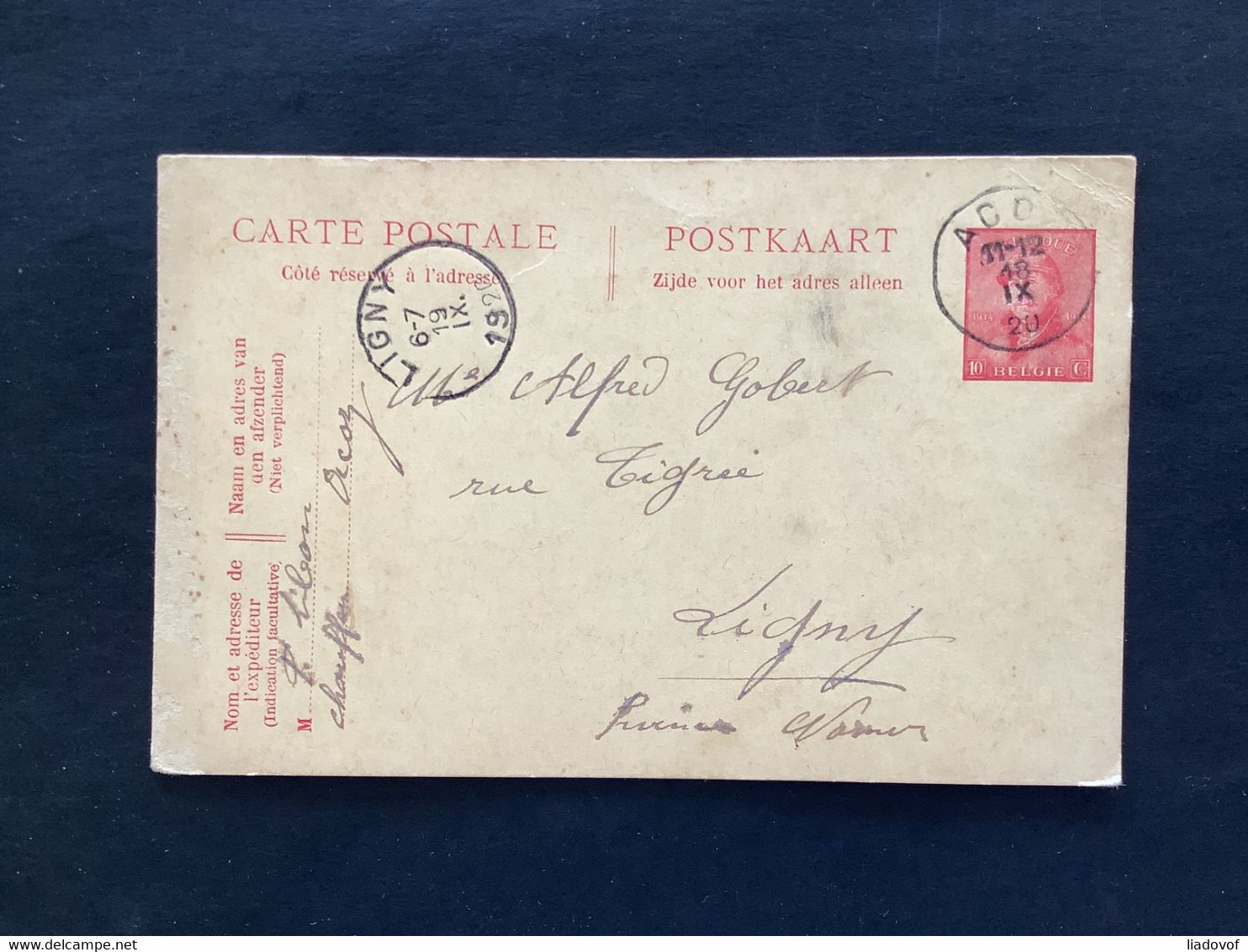 Postkaart 10c Rood ACOZ - LIGNY - 1919-1920 Behelmter König