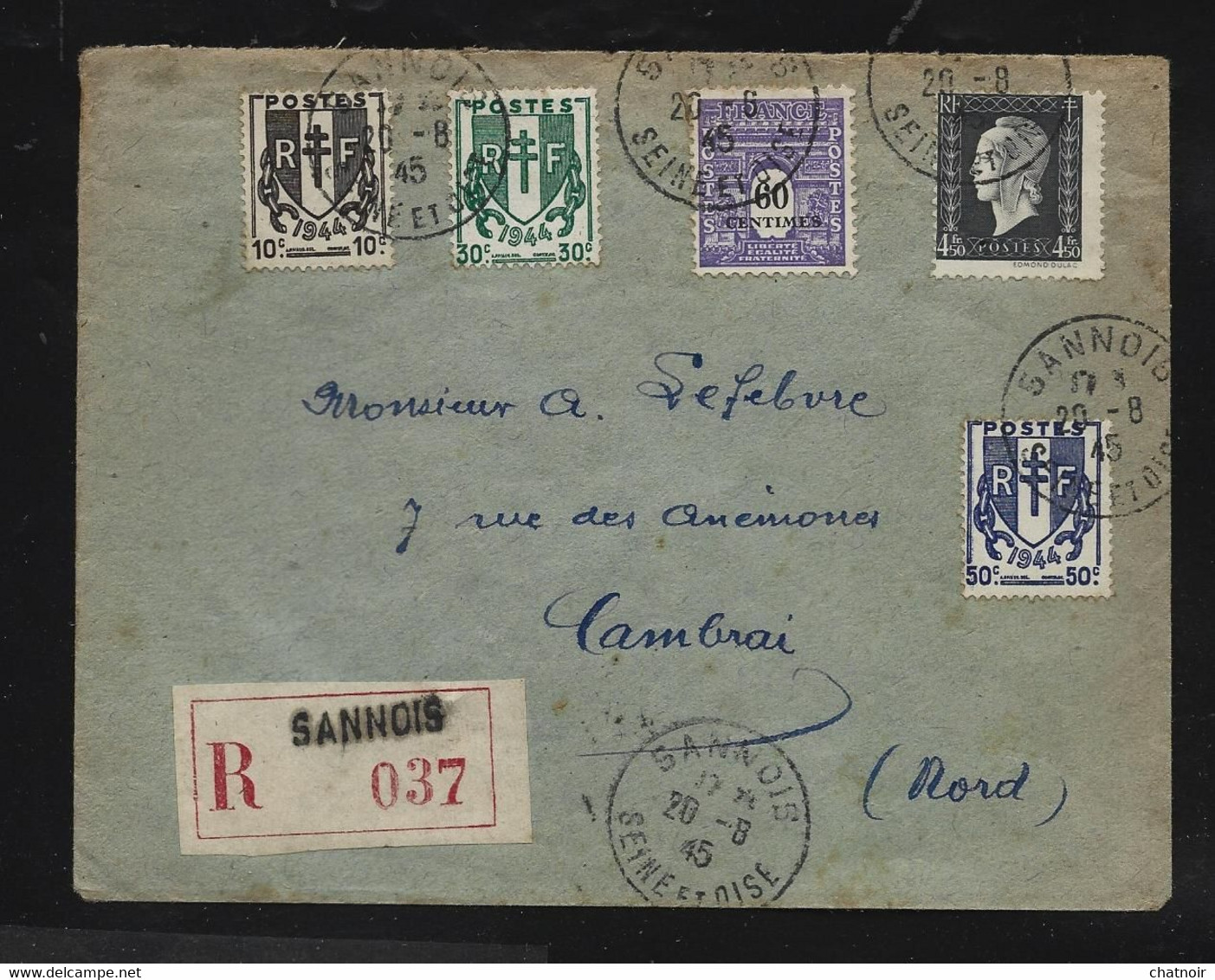 Envel   Recom   Oblit  SANNOIS  Val D 'oise 1945 DULAC  CHAINE  ARC TRIOMPHE - 1944-45 Marianne Van Dulac