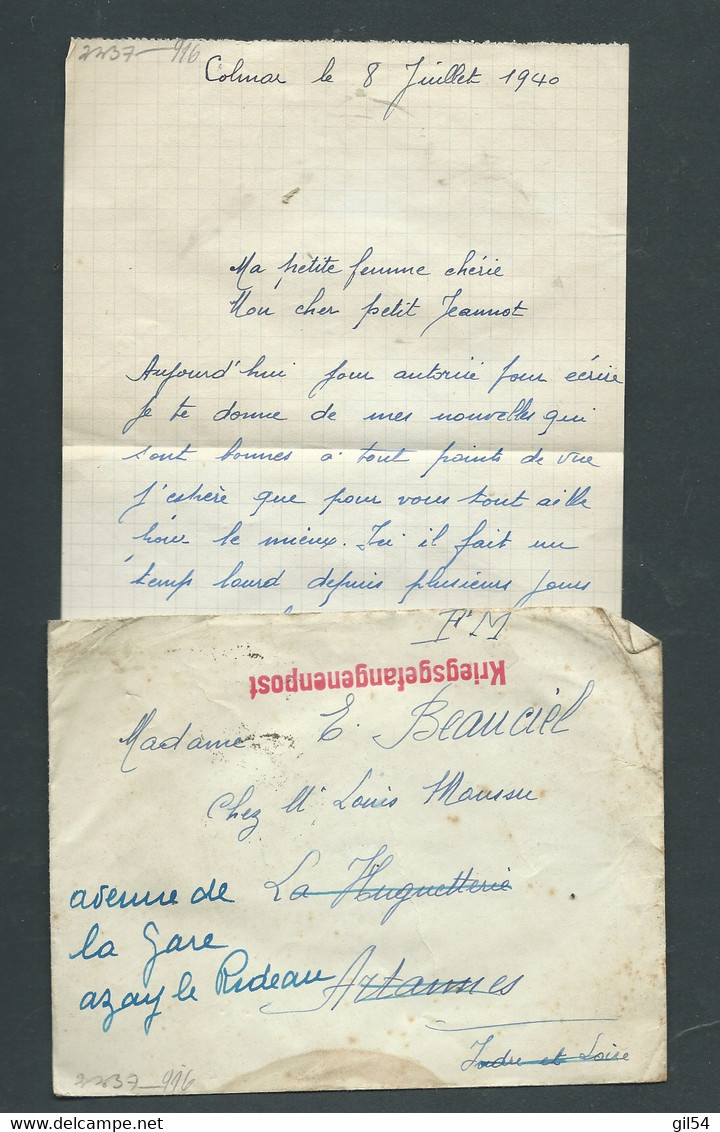 Lettre D'1 Prisonnier De Guerre De Colmar 8/07/1940, Marque Rouge "Kriegsgefangenenpost " + CENSURE   Ln31904 - 2. Weltkrieg 1939-1945