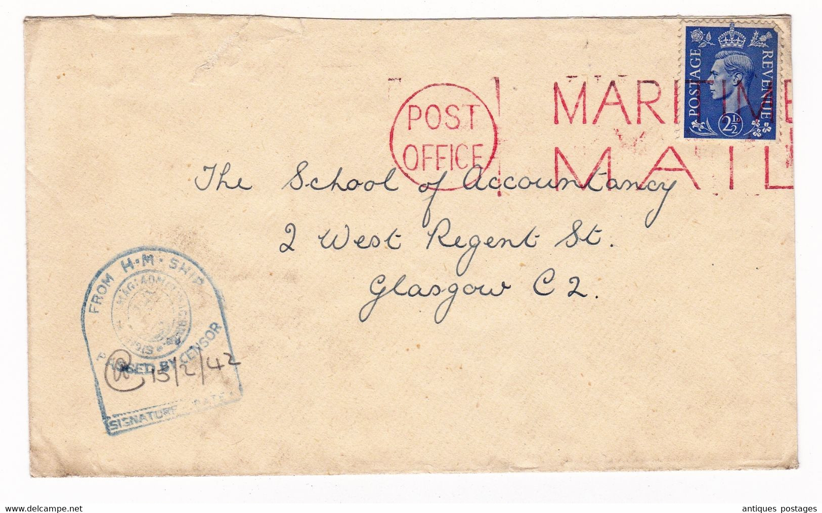 Maritime Mail 1942 England Passed By Censor From H.M. Ship WW2  Censure Militaire Seconde Guerre Mondiale - Briefe U. Dokumente