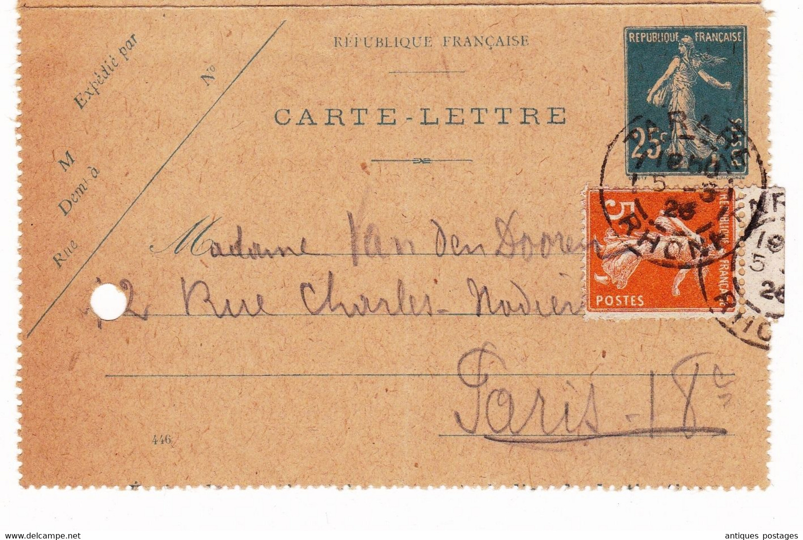 Carte Lettre Entier Postal Tarare Rhône 1926 Semeuse 25 Centimes + 5 Centimes - Kartenbriefe