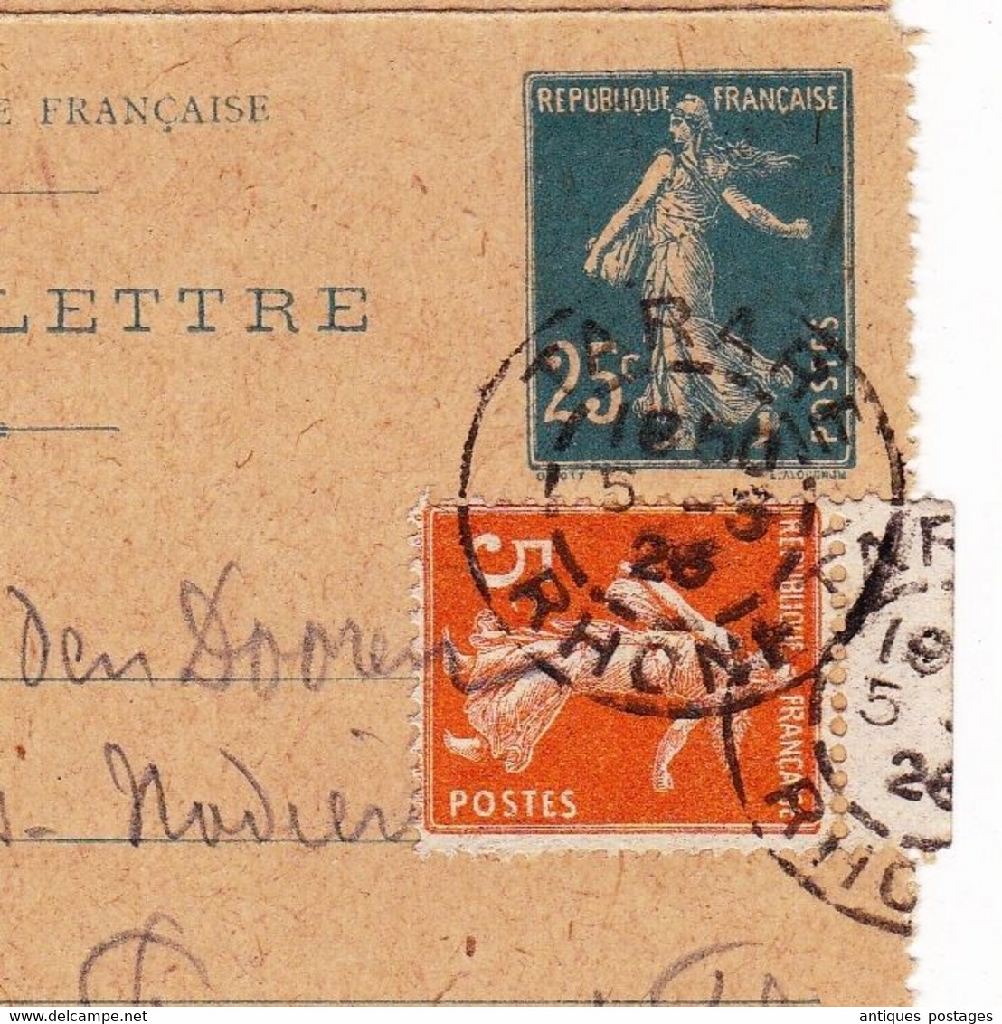 Carte Lettre Entier Postal Tarare Rhône 1926 Semeuse 25 Centimes + 5 Centimes - Kaartbrieven