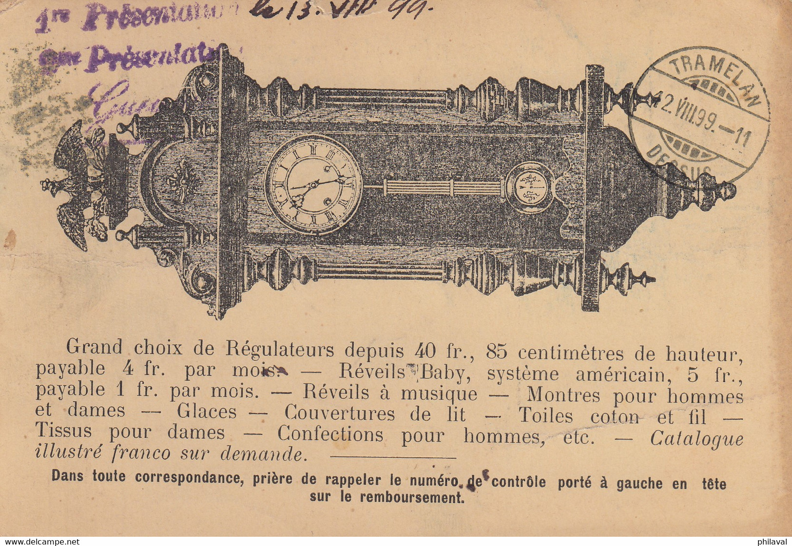 Carte Publicitaire Du Magasin Général Goldenberg à Genève, à Destination De Tramelan, Illustration : Horloge, 1899 - Tramelan